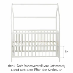 Hausbett inkl. Wickelplatte mit Wickelauflage, 6-fach höhenverstellbarem Lattenrost & 5 Schlupfsprossen 60 x 120 cm - Weiß