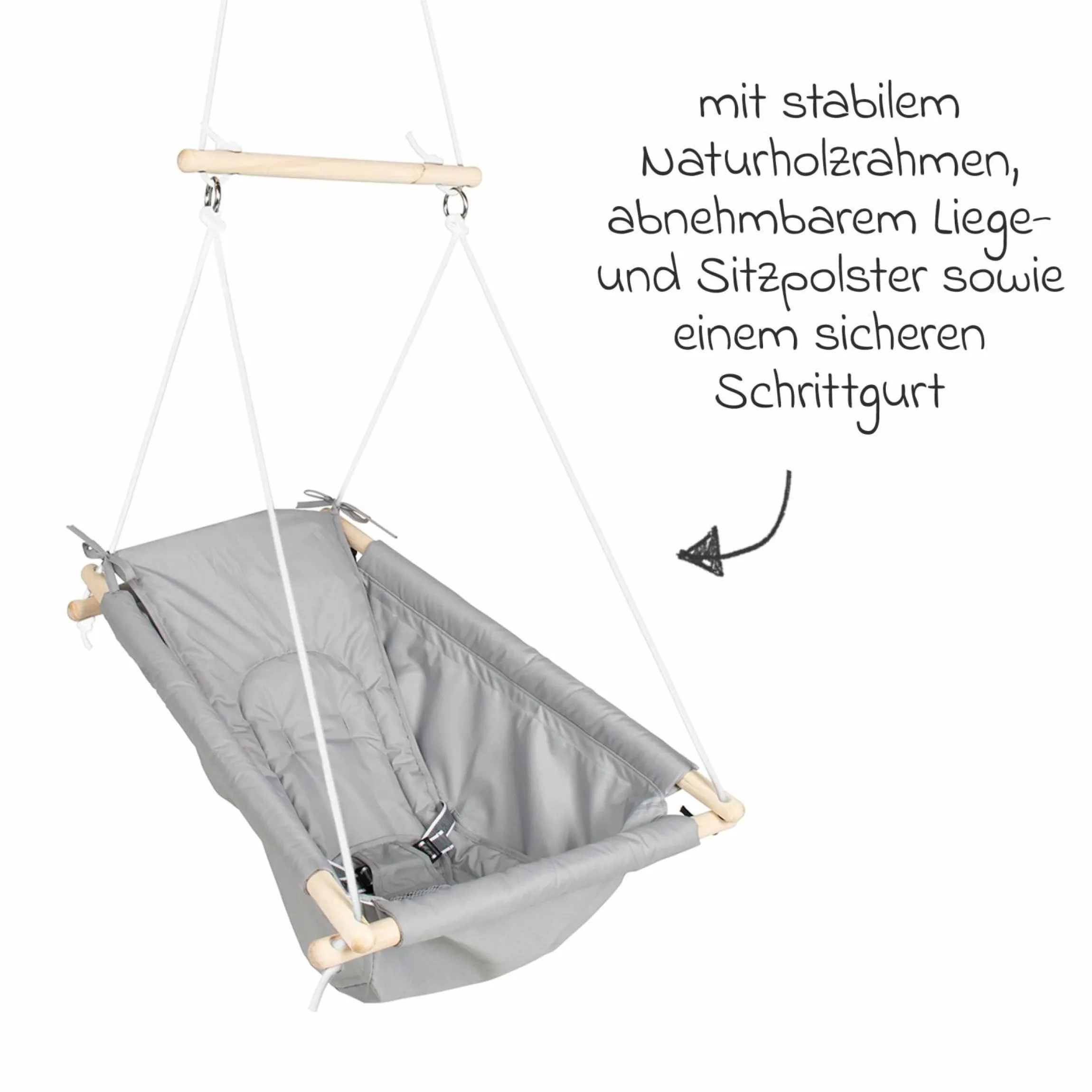 Hängesitz mit Schrittgurt und Liegepolster bis 30 kg belastbar - Taupe - Kollektion 2025