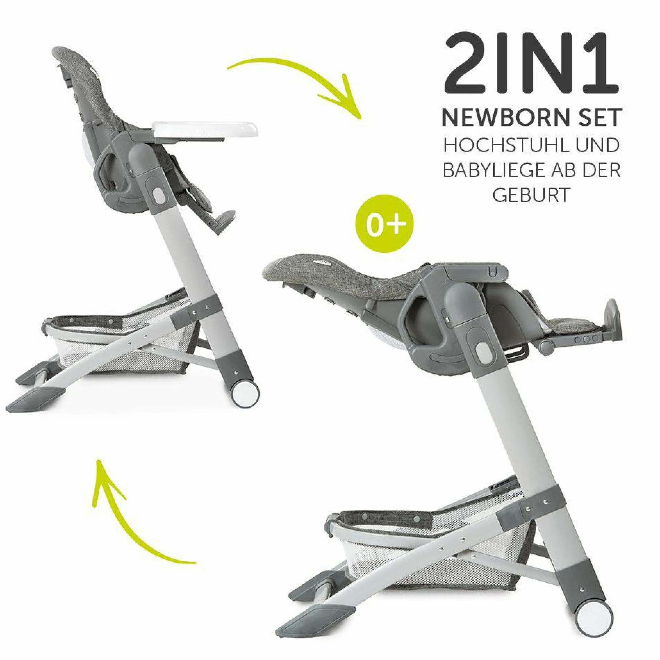 Hochstuhl & Babyliege ab Geburt - Grow Up Newborn Set (faltbar & klappbar) - Melange Grey