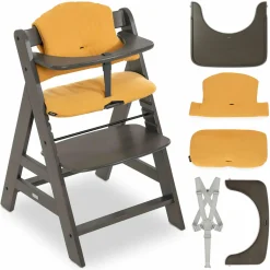 Hochstuhl Alpha Charcoal Selectline - im Sparset inkl. Holz-Essbrett und Sitzkissen Muslin Honey