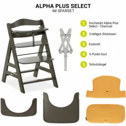 Hochstuhl Alpha Charcoal Selectline - im Sparset inkl. Holz-Essbrett und Sitzkissen Muslin Honey