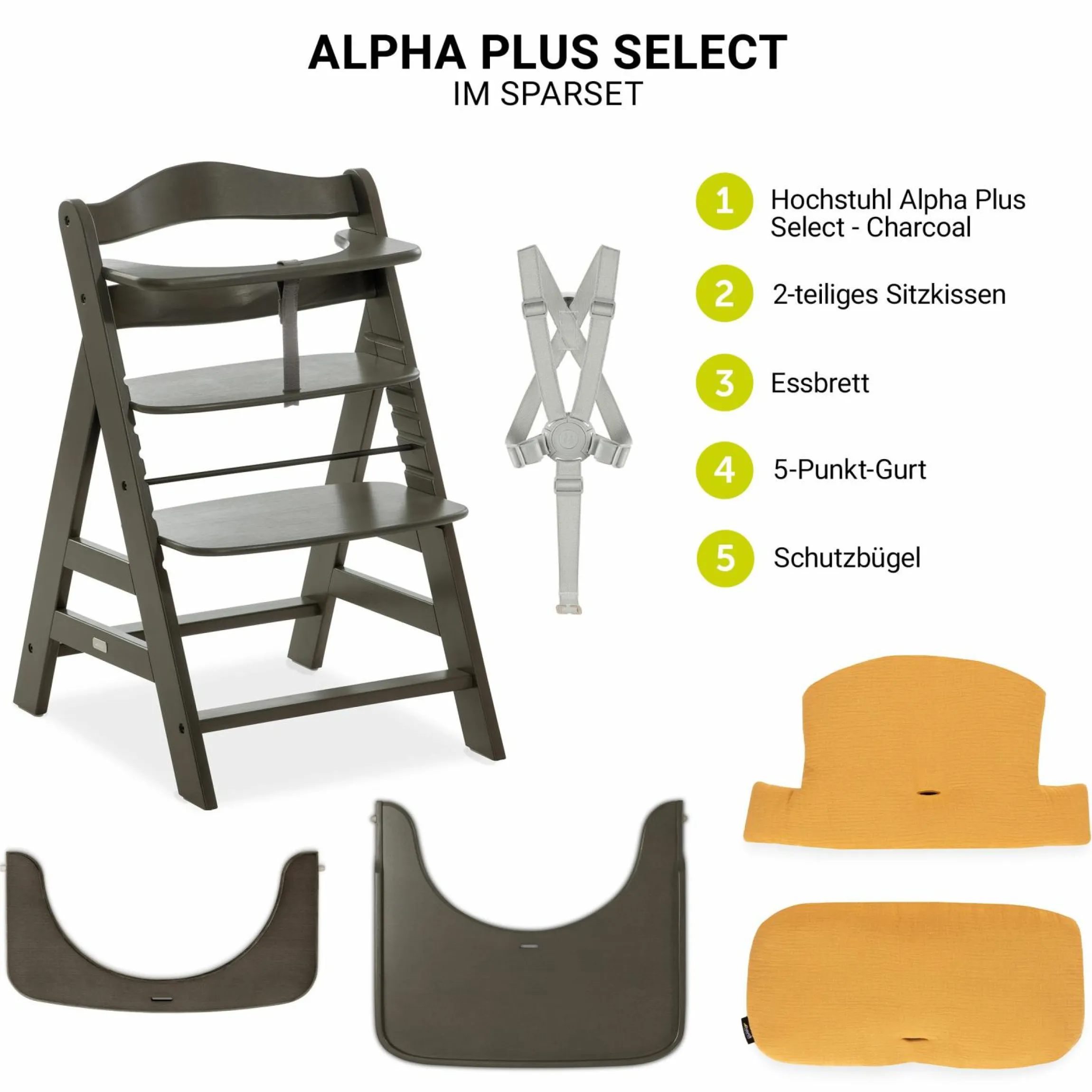 Hochstuhl Alpha Charcoal Selectline - im Sparset inkl. Holz-Essbrett und Sitzkissen Muslin Honey
