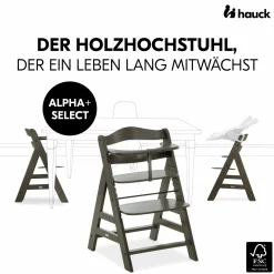 Hochstuhl Alpha Charcoal Selectline - im Sparset inkl. Holz-Essbrett und Sitzkissen Muslin Honey