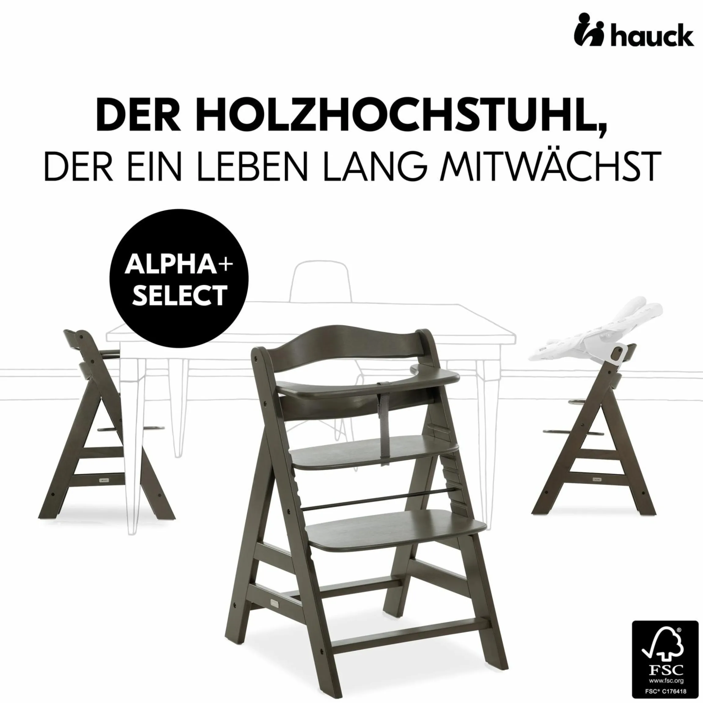 Hochstuhl Alpha Charcoal Selectline - im Sparset inkl. Holz-Essbrett und Sitzkissen Muslin Honey