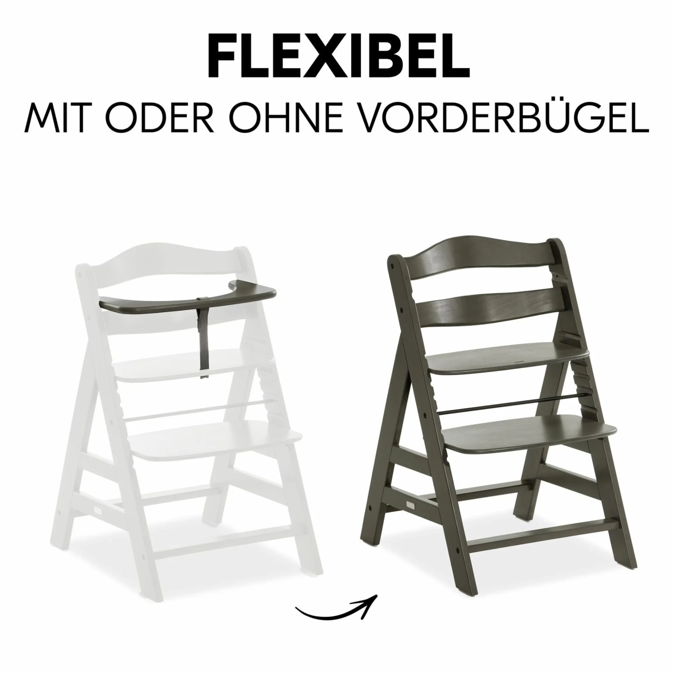 Hochstuhl Alpha Charcoal Selectline - im Sparset inkl. Holz-Essbrett und Sitzkissen Muslin Honey