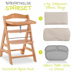 Hochstuhl Alpha Move Natur - im Sparset inkl. Essbrett, Sitzkissen Deluxe Beige und 2x Silikonteller