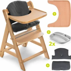 Hochstuhl Alpha Move Natur - im Sparset inkl. Essbrett, Sitzkissen Jersey Charcoal und 2x Silikonteller