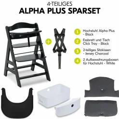 Hochstuhl Alpha Plus Black - im Sparset inkl. Essbrett Click Tray, Sitzkissen und Aufbewahrungsboxen - Jersey Charcoal