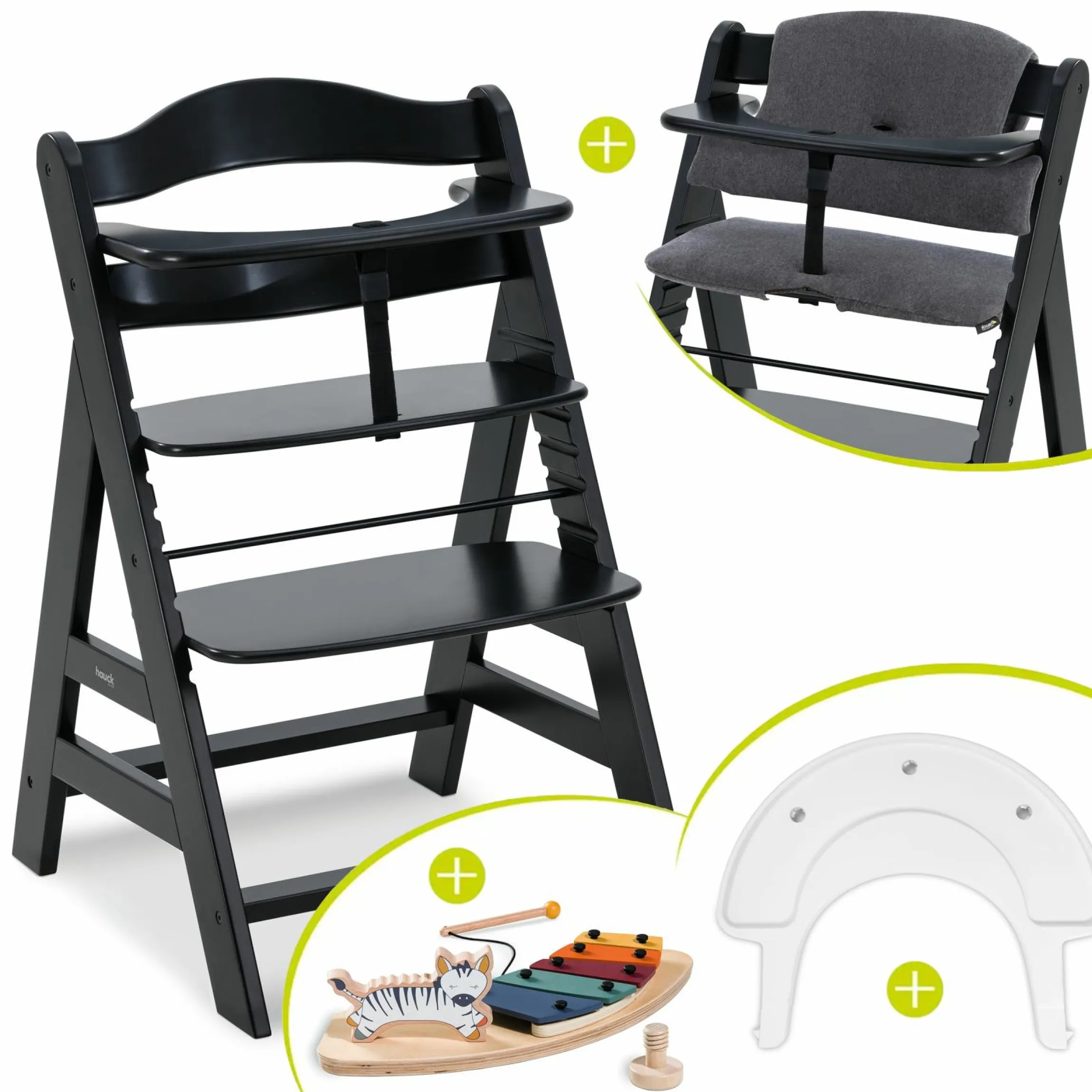 Hochstuhl Alpha Plus Black - im Sparset inkl. Sitzkissen + Play Tray Basis + Spielzeug Play Music mit Xylophon
