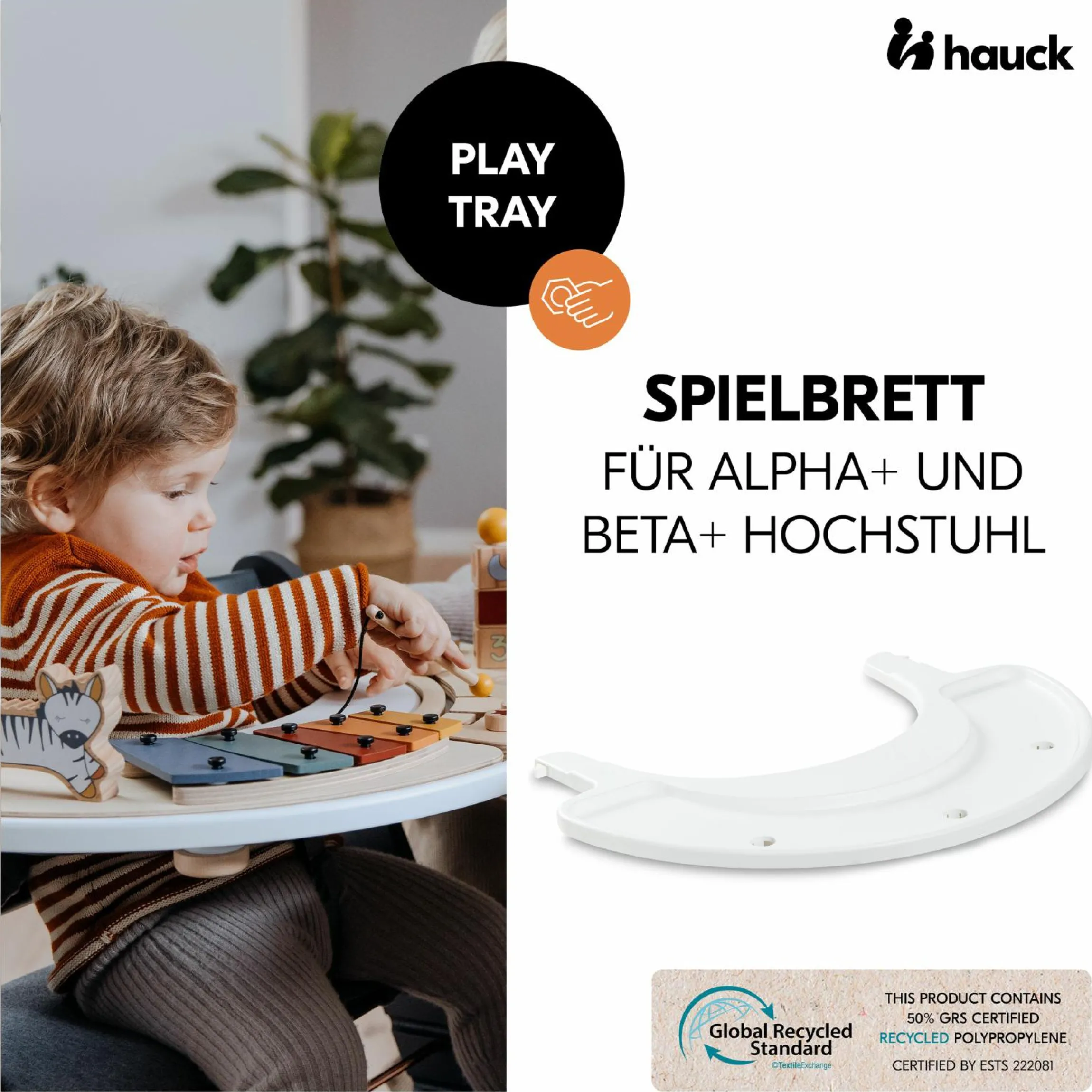 Hochstuhl Alpha Plus Black - im Sparset inkl. Sitzkissen + Play Tray Basis + Spielzeug Play Music mit Xylophon