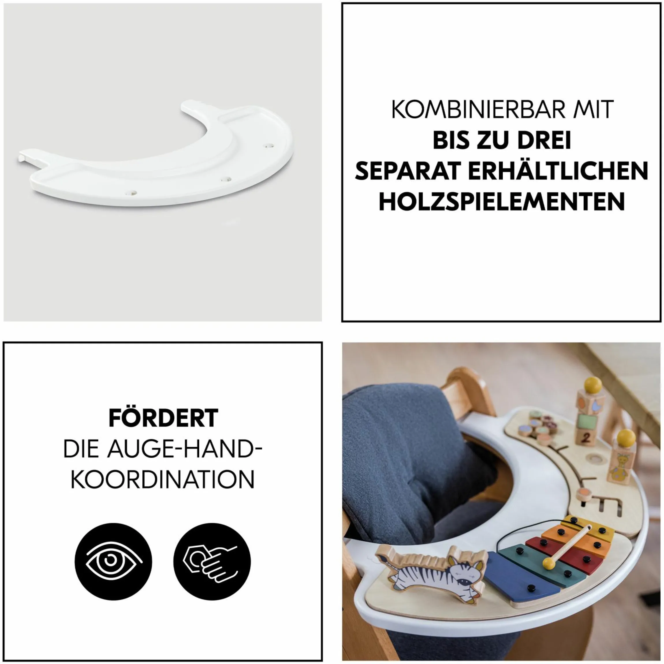Hochstuhl Alpha Plus Black - im Sparset inkl. Sitzkissen + Play Tray Basis + Spielzeug Play Music mit Xylophon