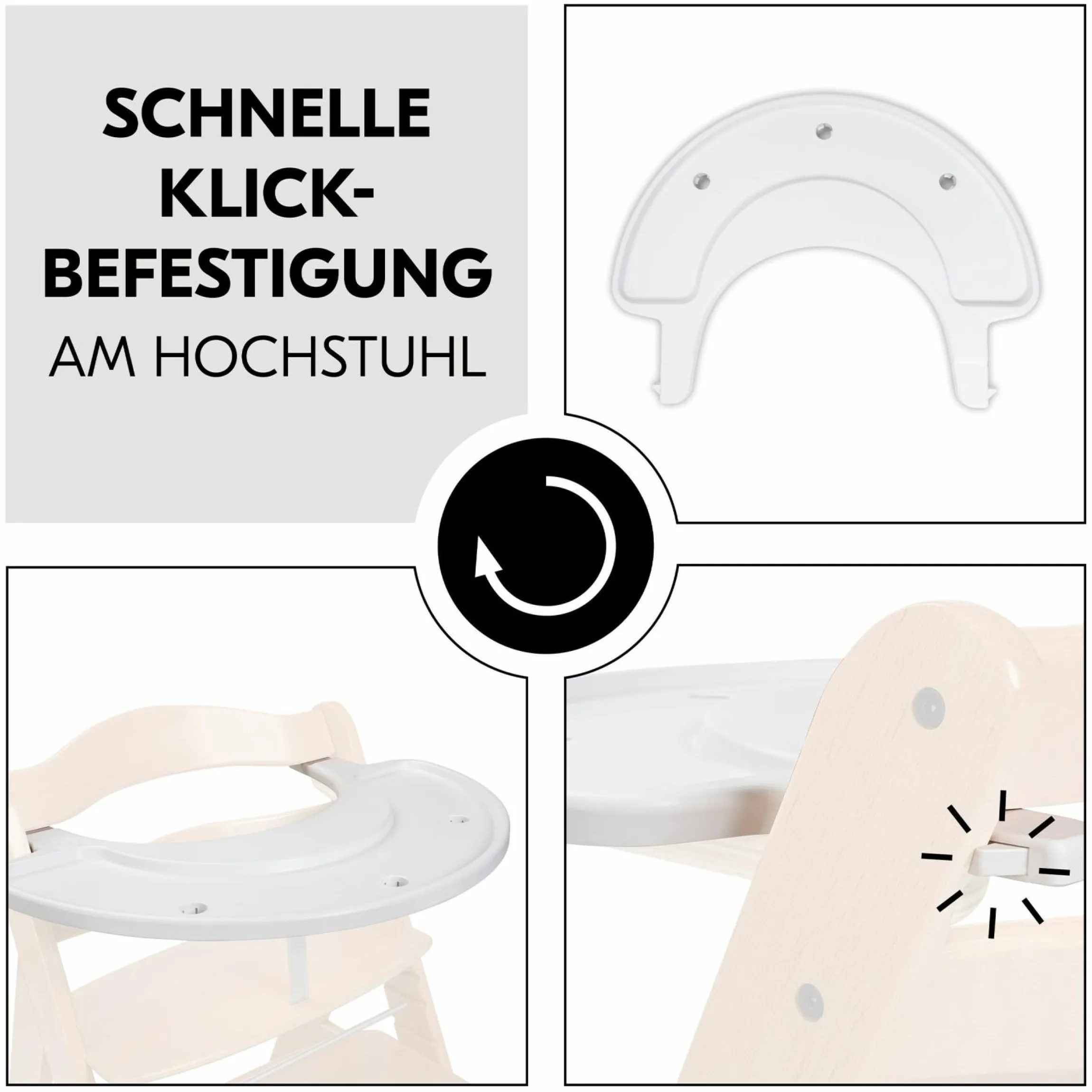 Hochstuhl Alpha Plus Black - im Sparset inkl. Sitzkissen + Play Tray Basis + Spielzeug Play Music mit Xylophon