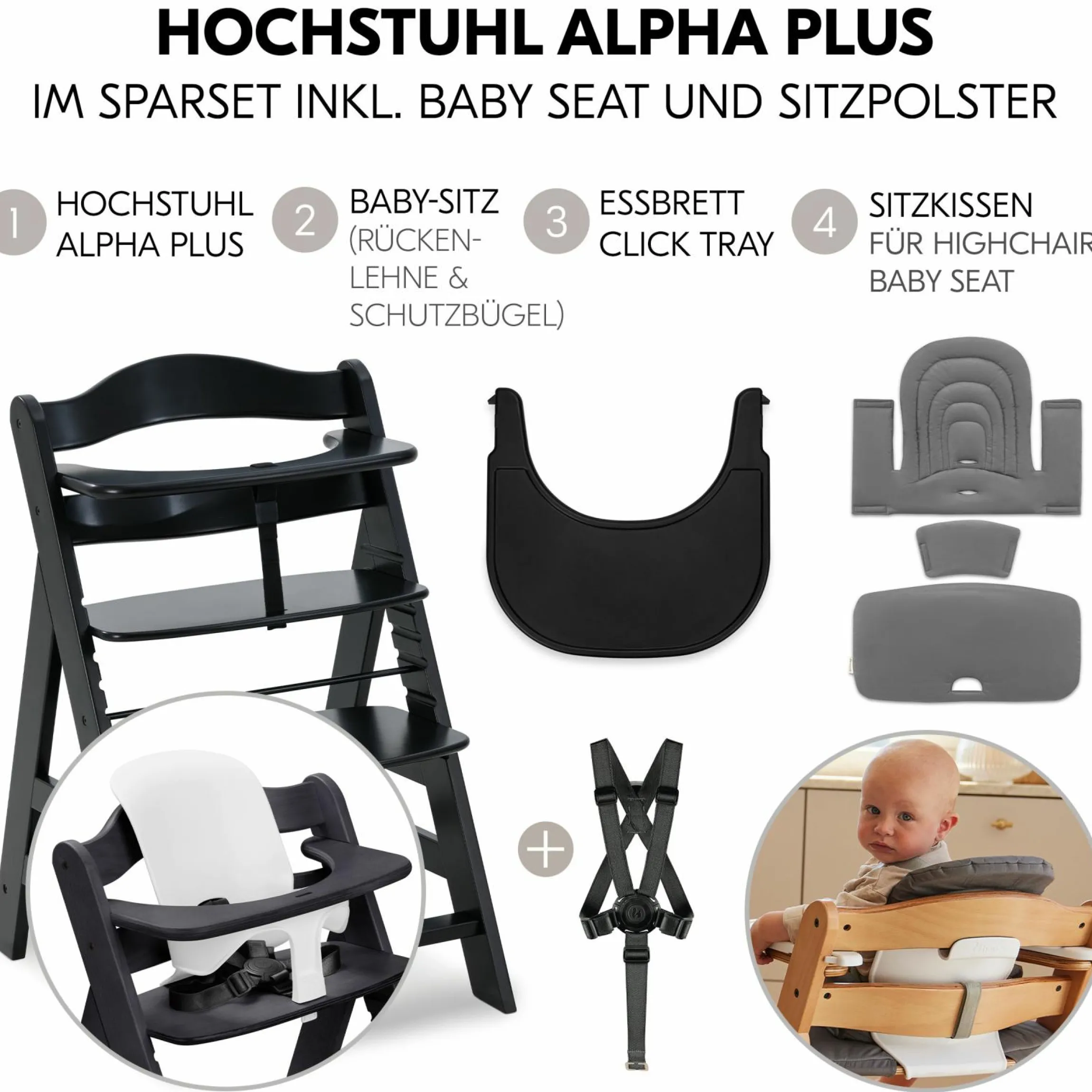 Hochstuhl Alpha Plus Black - im Sparset inkl. Baby Seat + Baby Seatpad + Click Tray