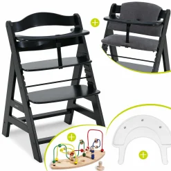 Hochstuhl Alpha Plus Black - im Sparset inkl. Sitzkissen + Play Tray Basis + Spielzeug Play Moving mit Motorikschleife