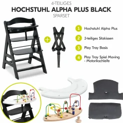 Hochstuhl Alpha Plus Black - im Sparset inkl. Sitzkissen + Play Tray Basis + Spielzeug Play Moving mit Motorikschleife