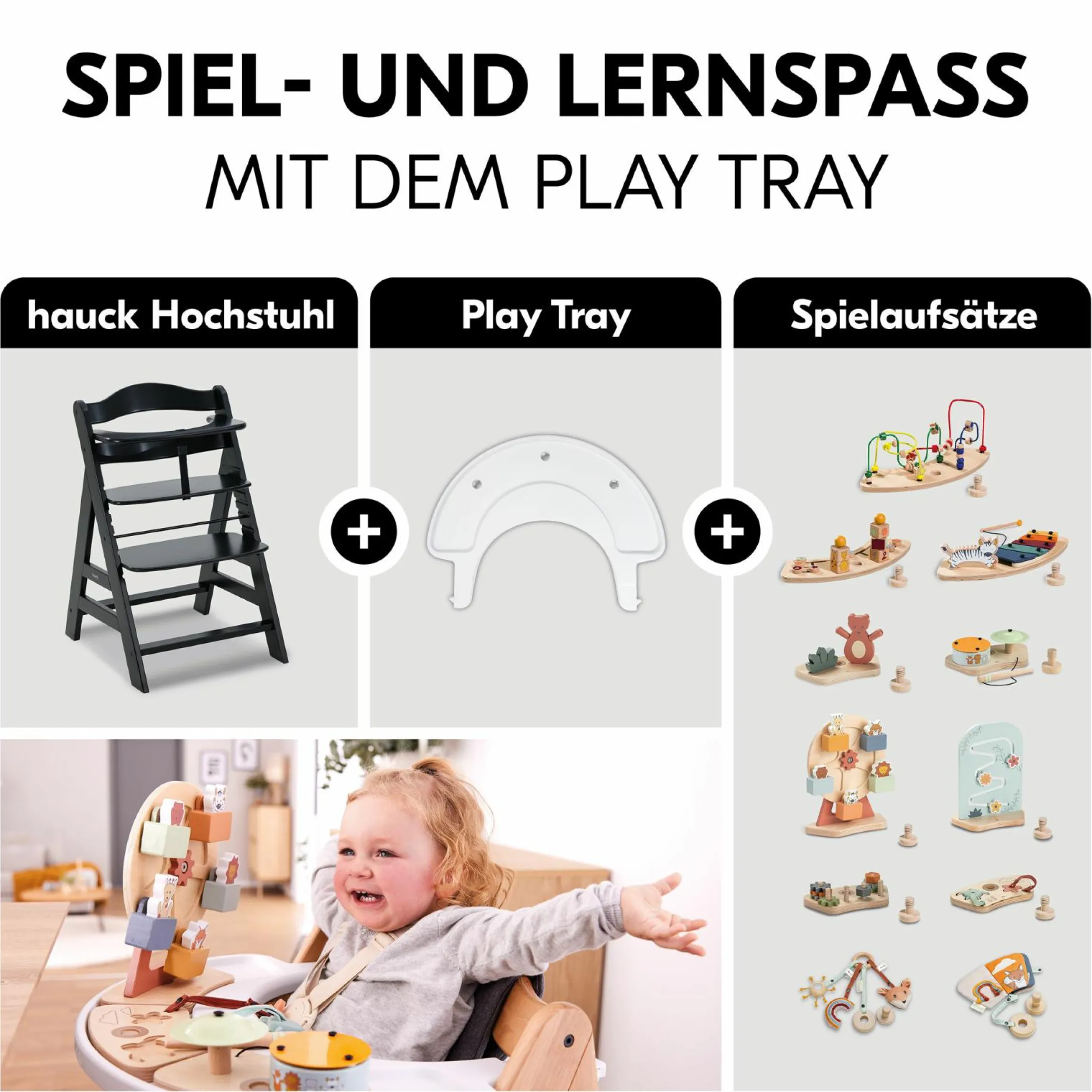Hochstuhl Alpha Plus Black - im Sparset inkl. Sitzkissen + Play Tray Basis + Spielzeug Play Moving mit Motorikschleife
