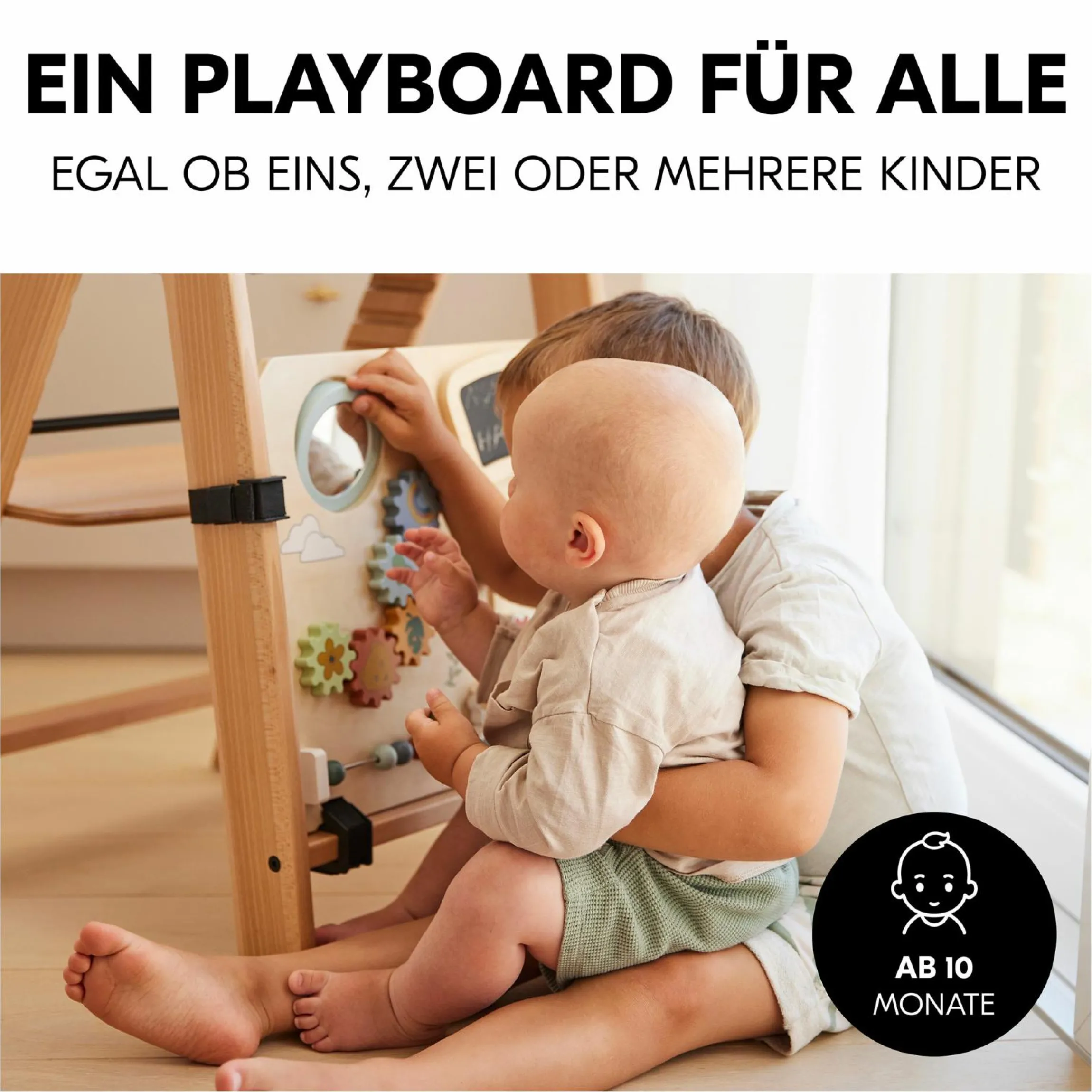 Hochstuhl Alpha Plus Black - im Sparset inkl. Sitzkissen + Motorik-Spielbrett Play Board