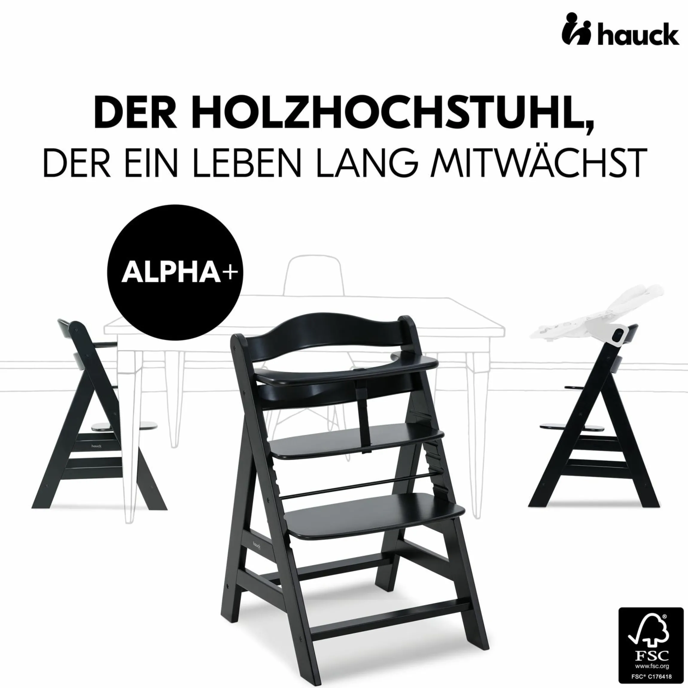 Hochstuhl Alpha Plus Black - im Sparset inkl. Sitzkissen + Motorik-Spielbrett Play Board