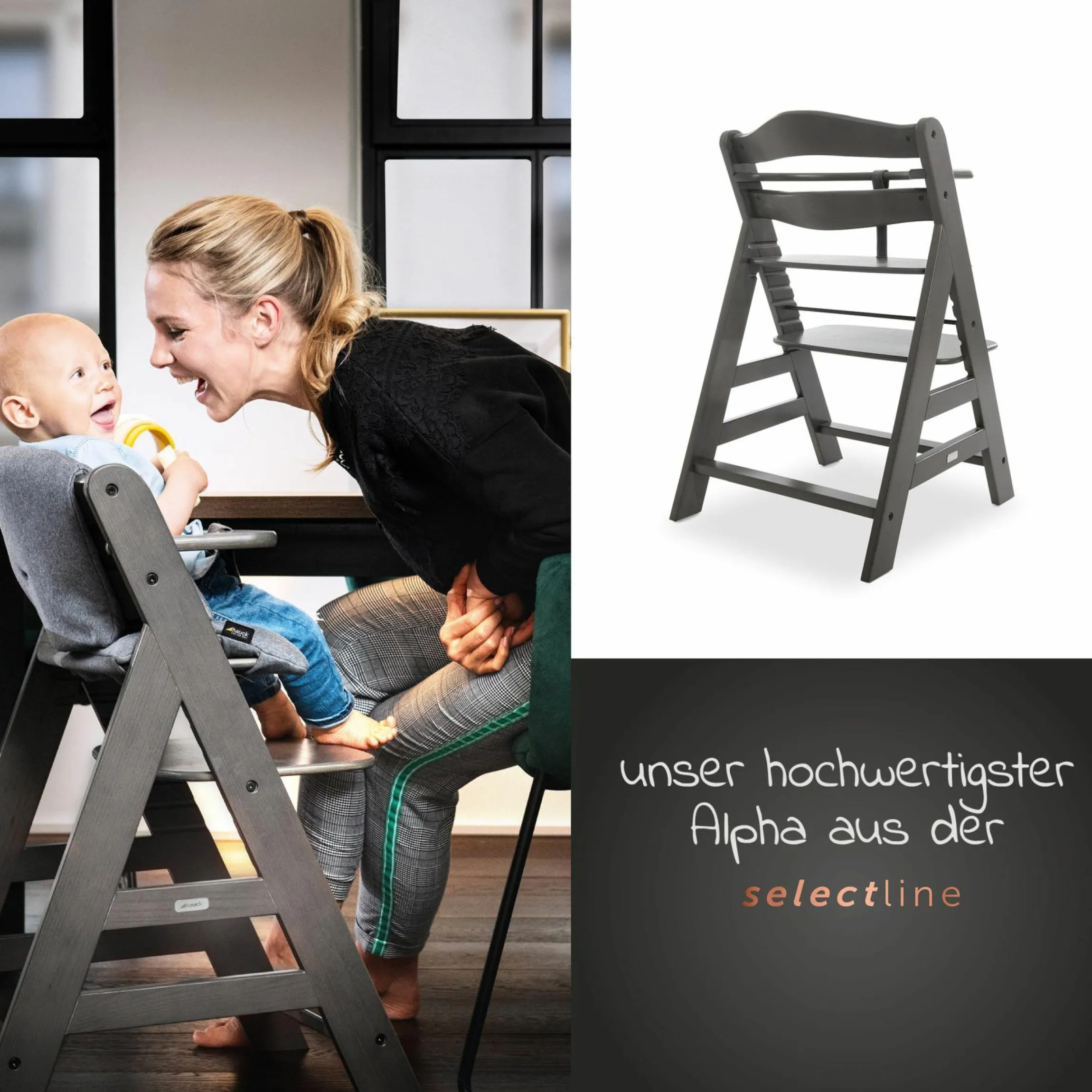 Hochstuhl Alpha Plus Charcoal im Sparset inkl. Sitzkissen und Click Tray Essbrett