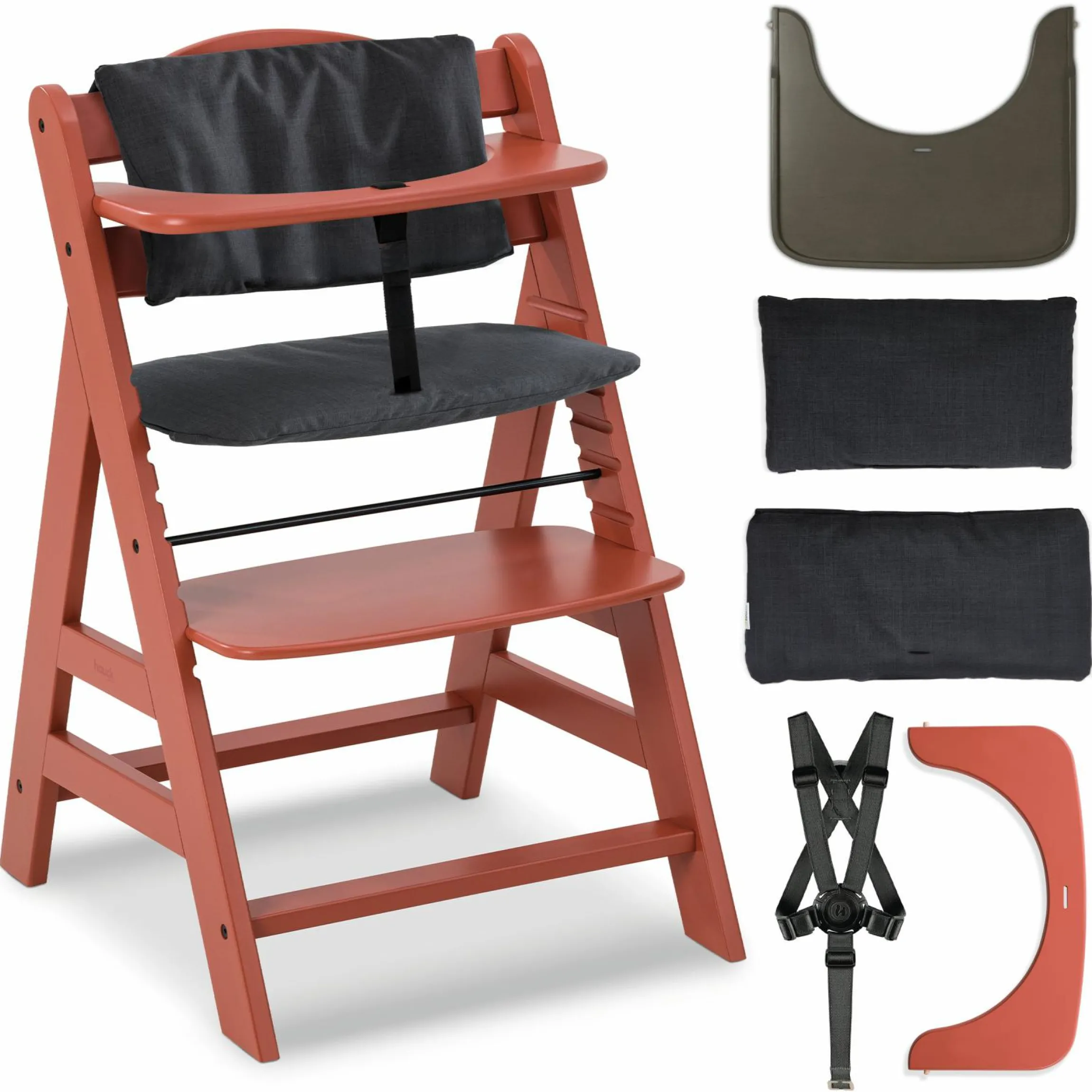 Hochstuhl Alpha Plus Cork - im Sparset inkl. Holz-Essbrett + Sitzkissen - Charcoal