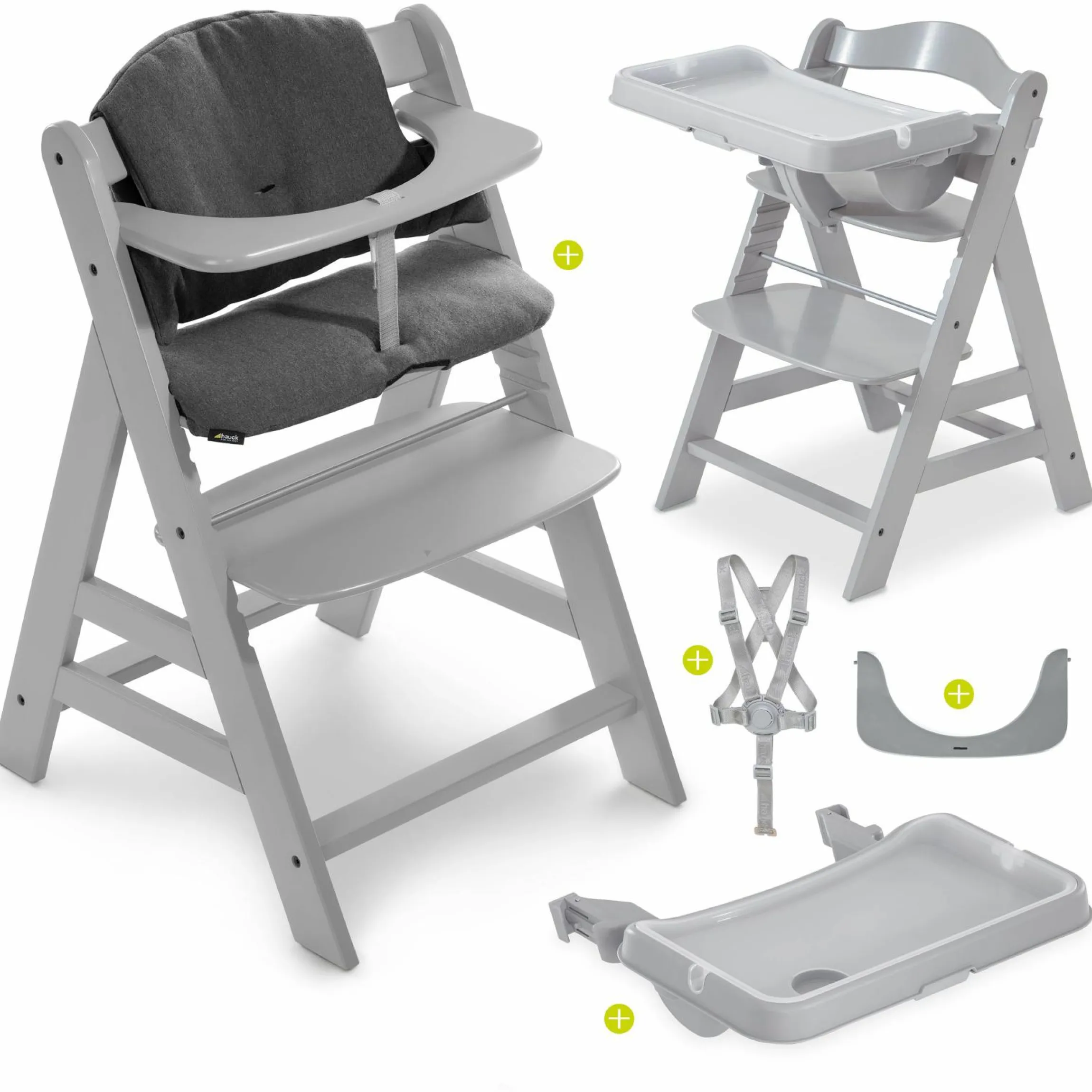 Hochstuhl Alpha Plus Grau im Sparset inkl. Sitzkissen und Essbrett Alpha Tray Grey