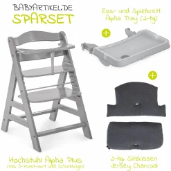 Hochstuhl Alpha Plus Grau im Sparset inkl. Sitzkissen und Essbrett Alpha Tray Grey