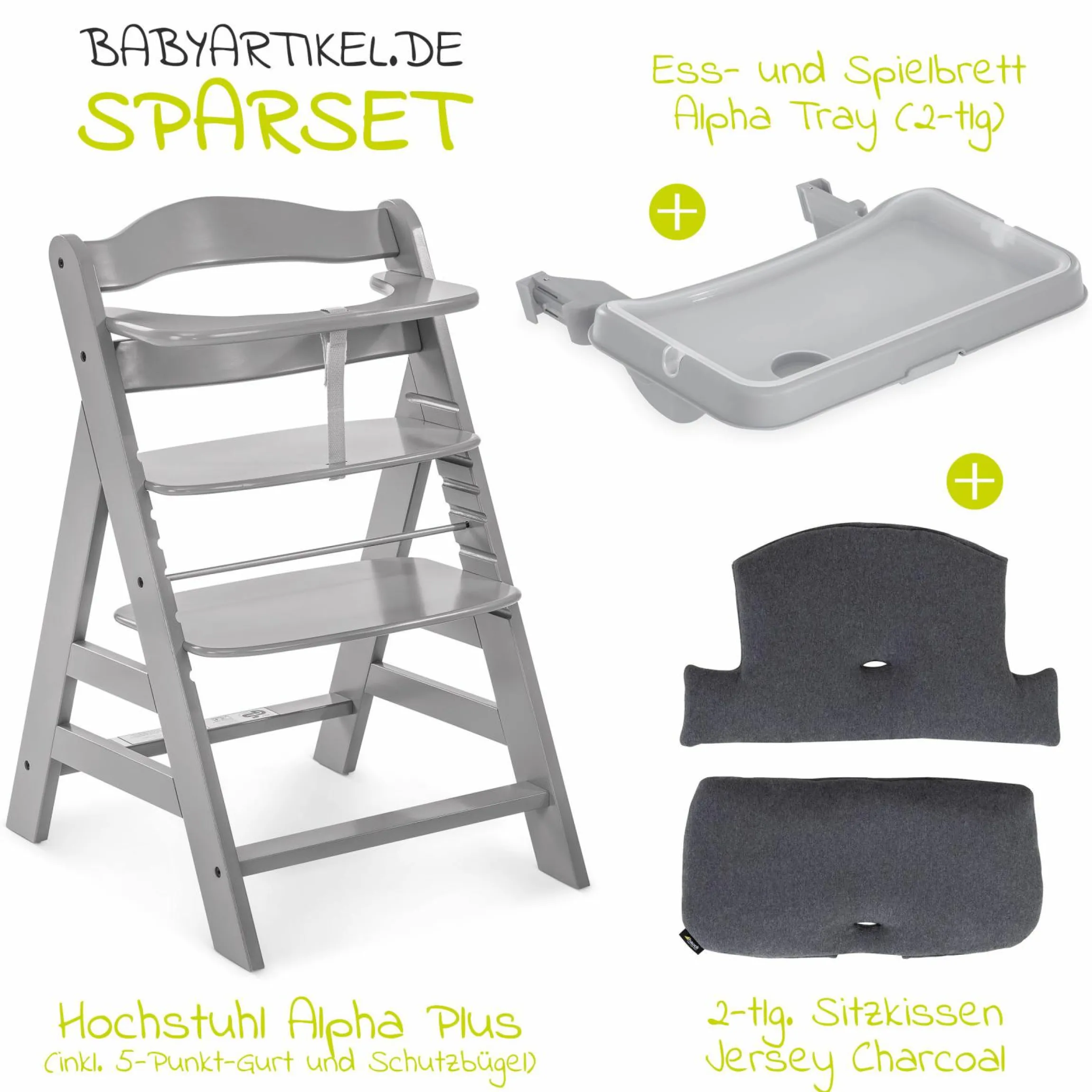 Hochstuhl Alpha Plus Grau im Sparset inkl. Sitzkissen und Essbrett Alpha Tray Grey