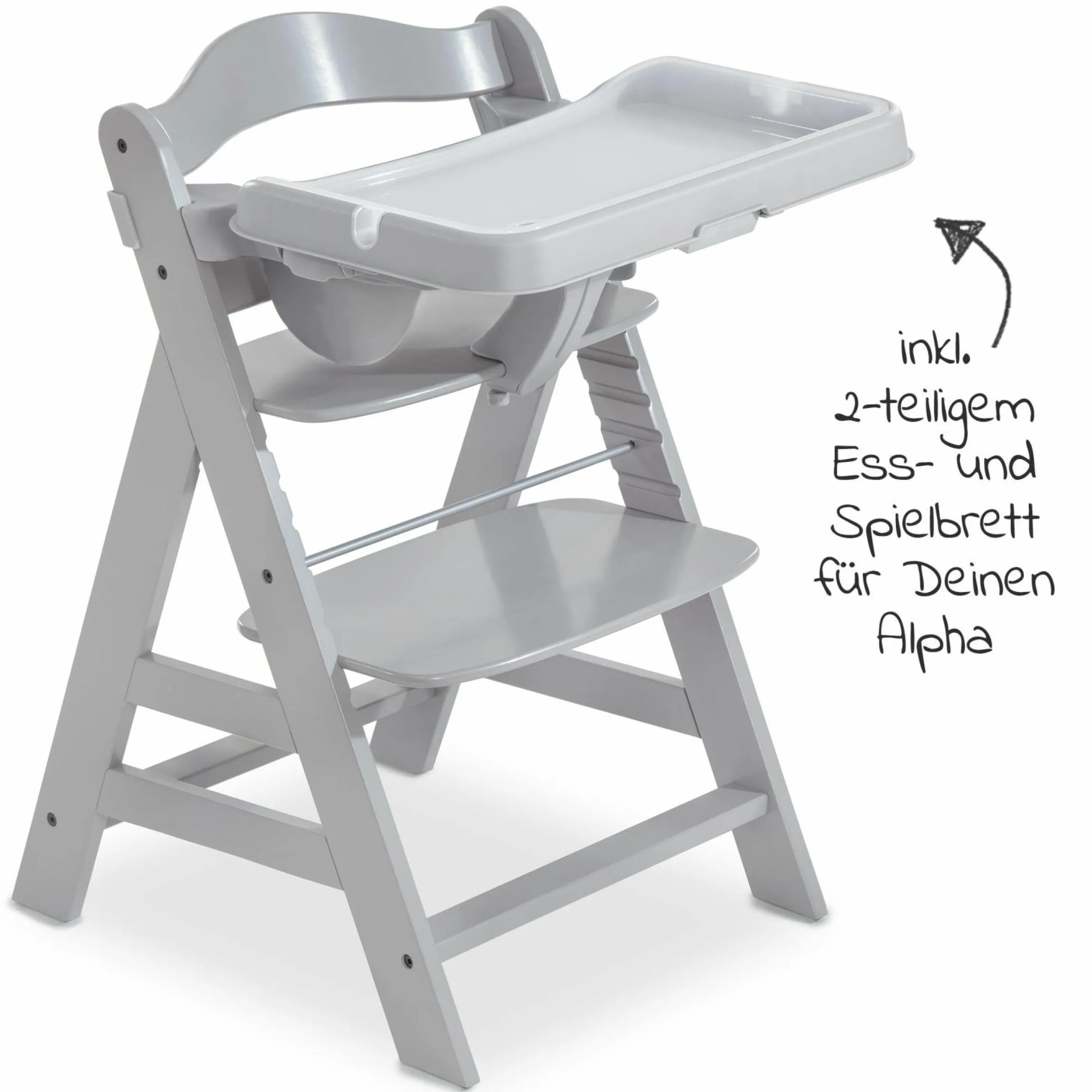 Hochstuhl Alpha Plus Grau im Sparset inkl. Sitzkissen und Essbrett Alpha Tray Grey