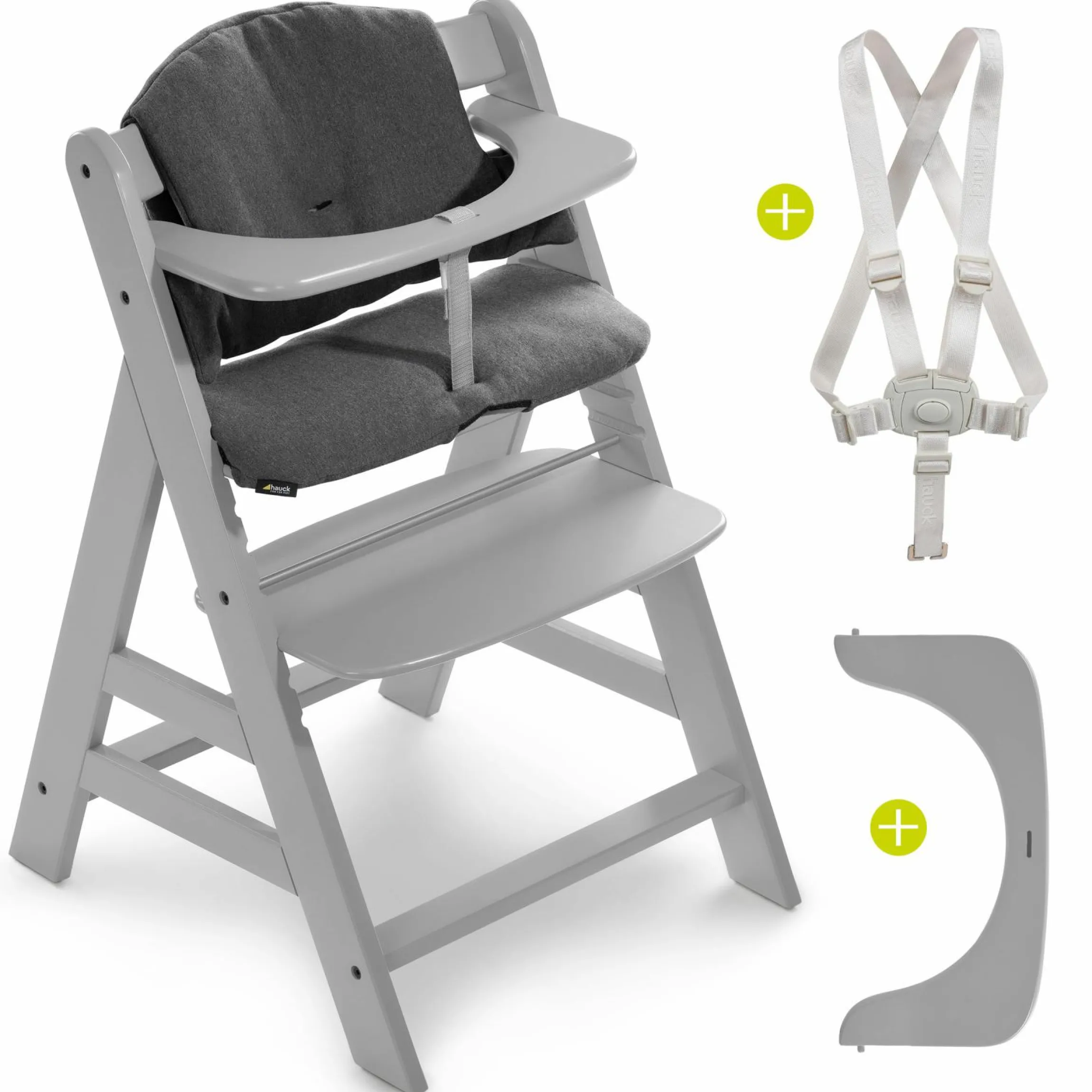 Hochstuhl Alpha Plus Grau im Sparset inkl. Sitzkissen und Essbrett Alpha Tray Grey