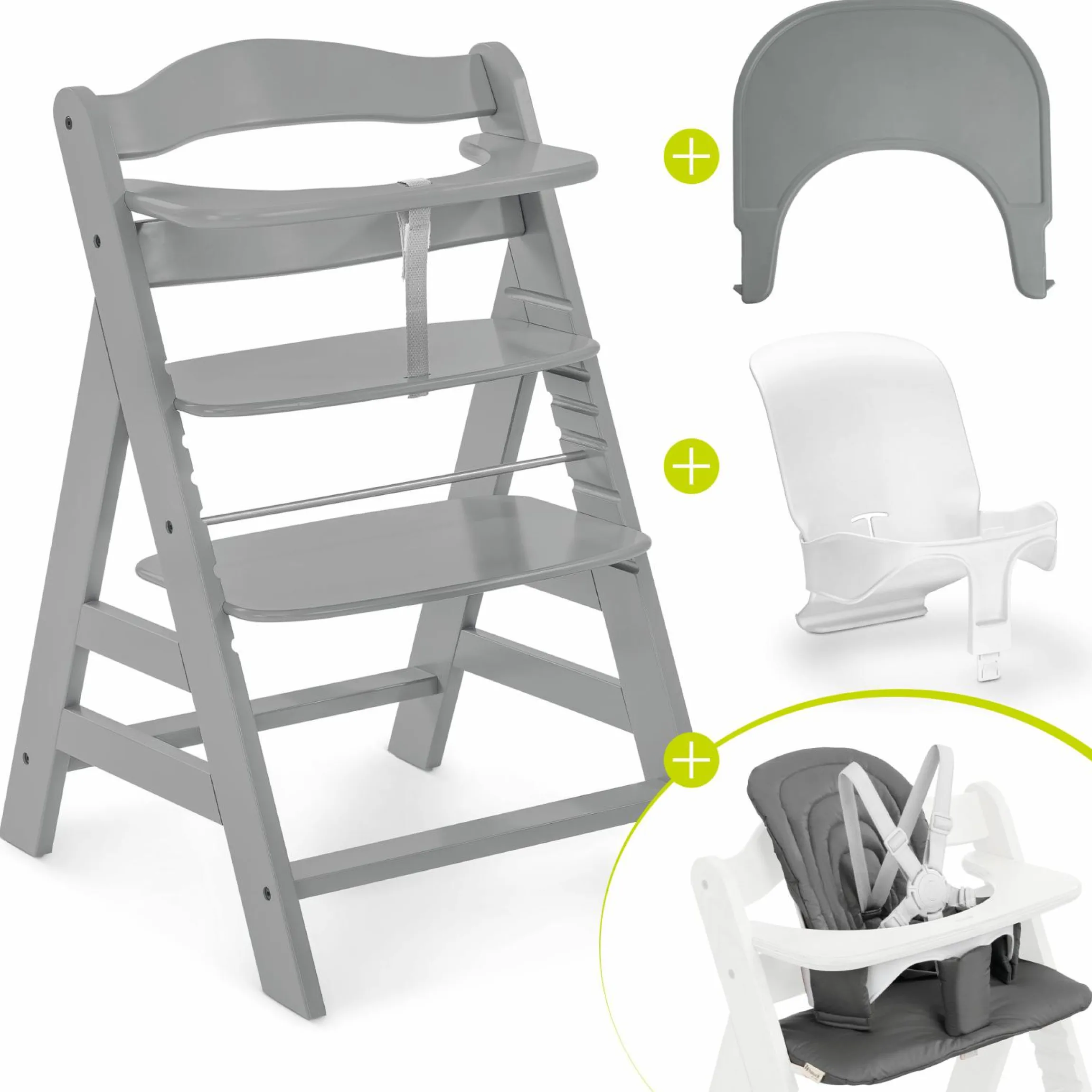 Hochstuhl Alpha Plus Grey - im Sparset inkl. Baby Seat + Baby Seatpad + Click Tray