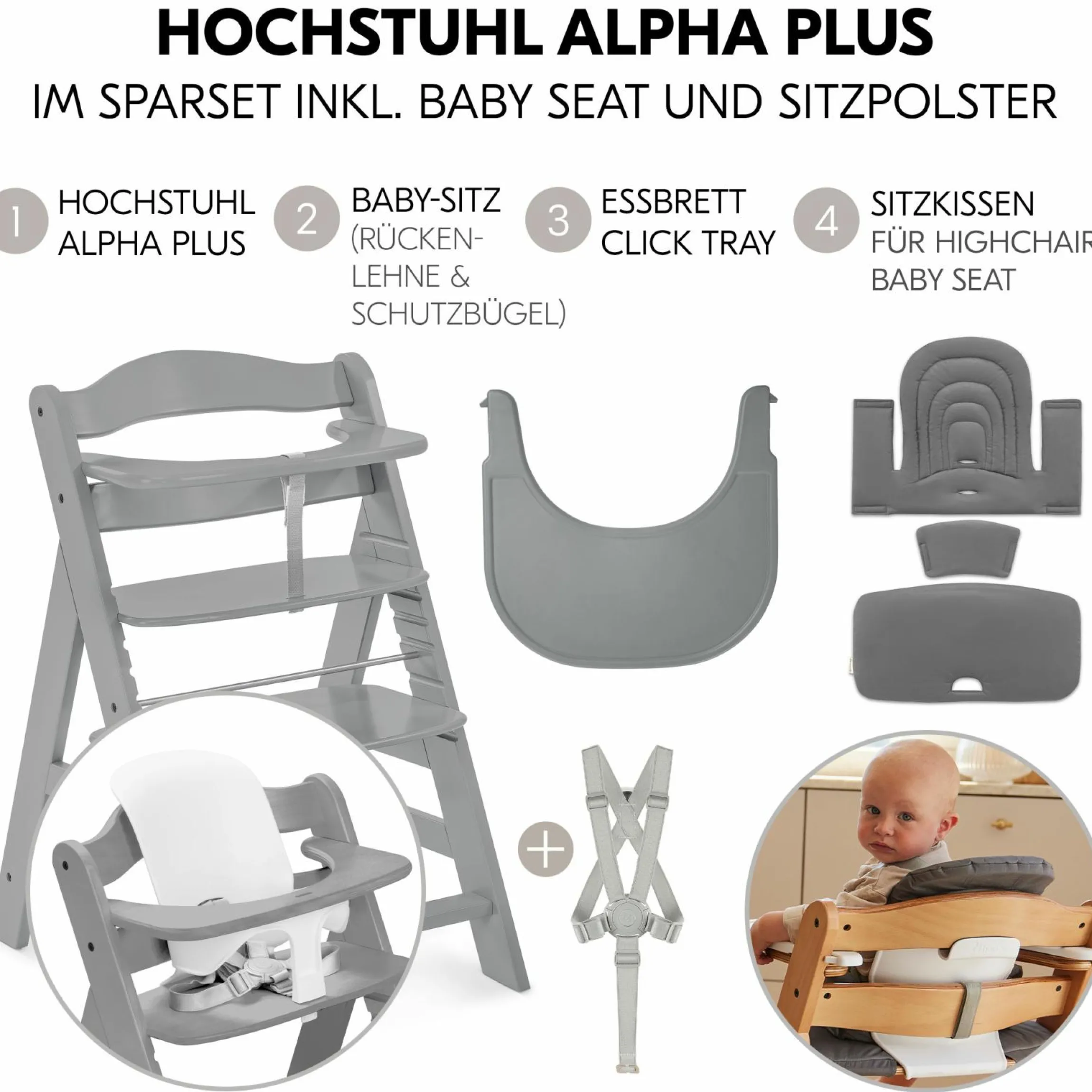 Hochstuhl Alpha Plus Grey - im Sparset inkl. Baby Seat + Baby Seatpad + Click Tray