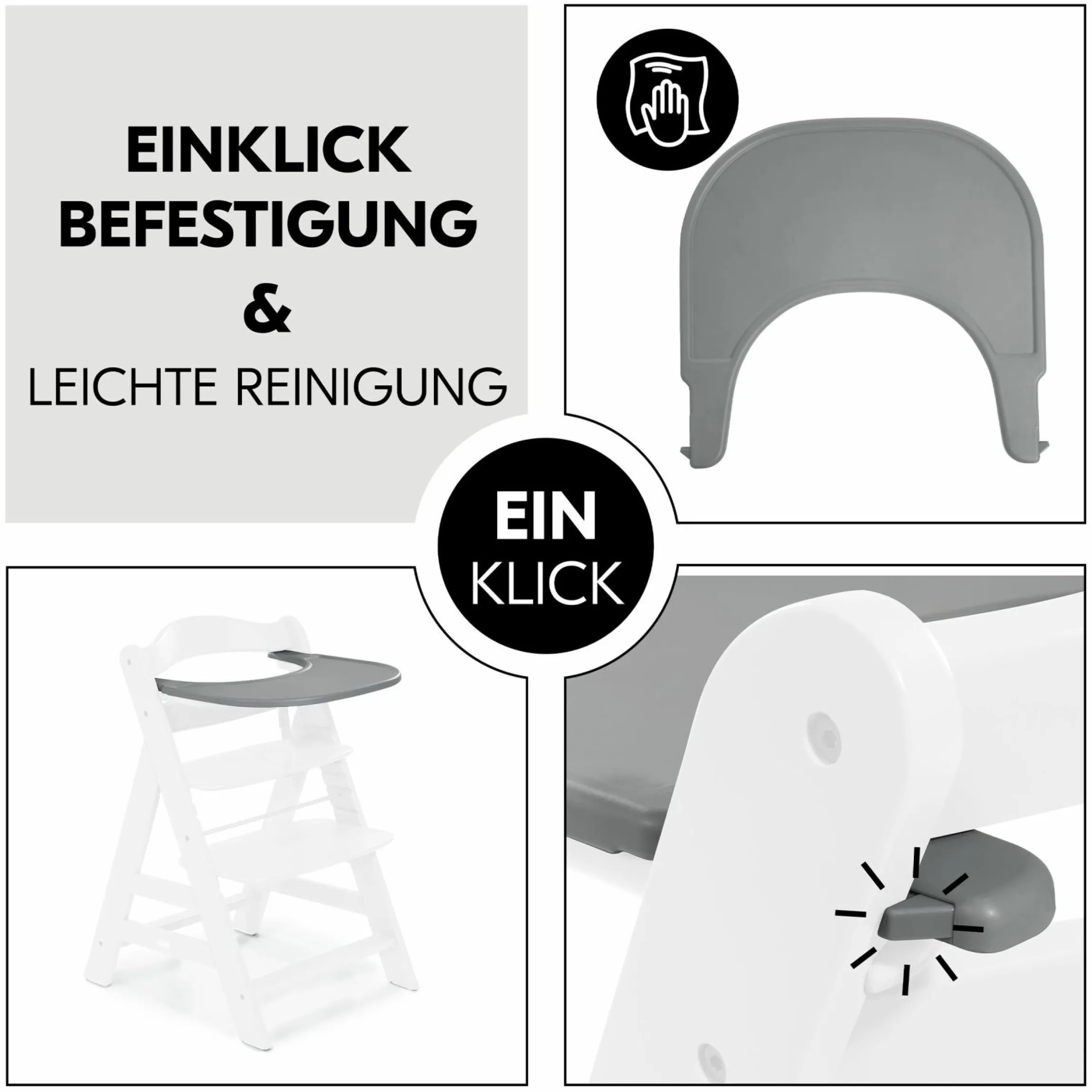 Hochstuhl Alpha Plus Grey - im Sparset inkl. Essbrett Click Tray + Sitzkissen Minnie Mouse Rose