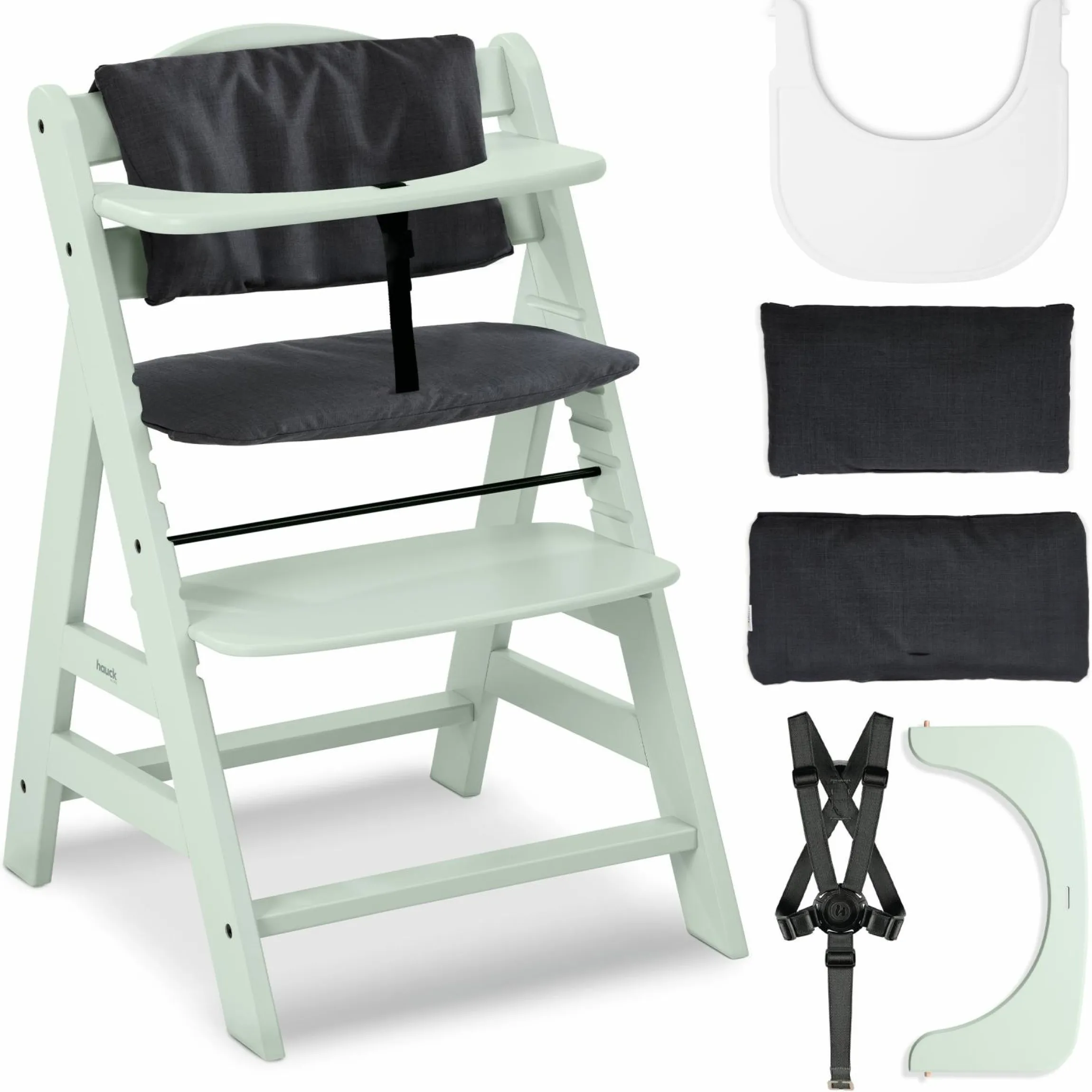 Hochstuhl Alpha Plus Mint - im Sparset inkl. Essbrett Click Tray + Sitzkissen - Charcoal