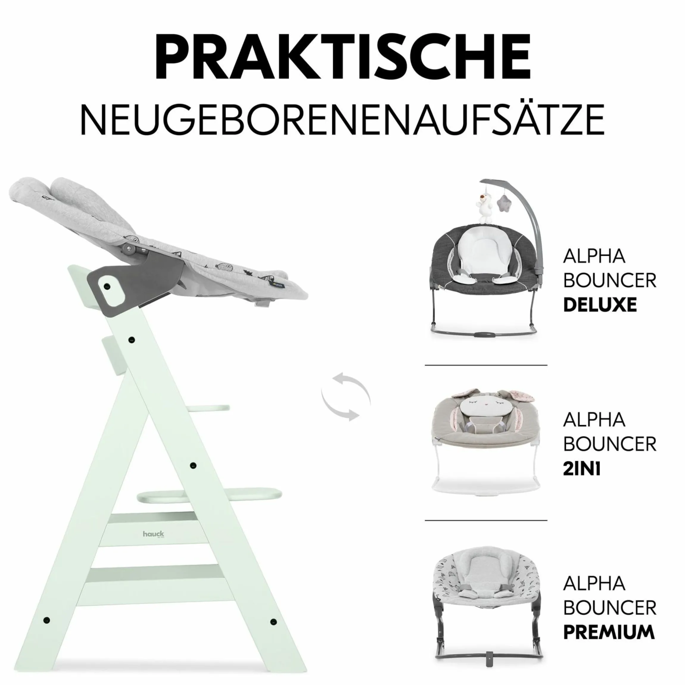 Hochstuhl Alpha Plus Mint - im Sparset inkl. Essbrett Click Tray + Sitzkissen - Charcoal