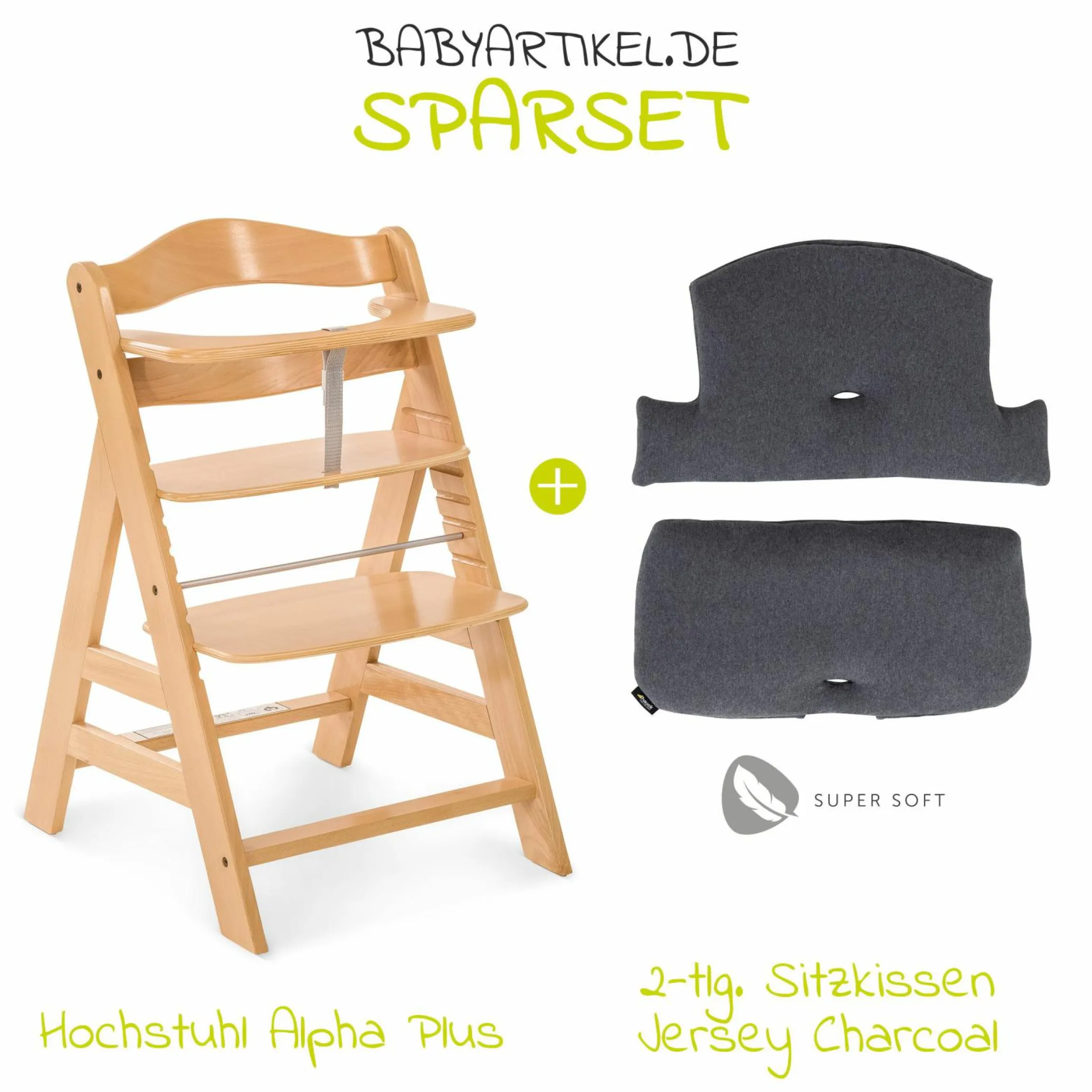 Hochstuhl Alpha Plus Natur - im Sparset inkl. Sitzkissen Jersey Charcoal
