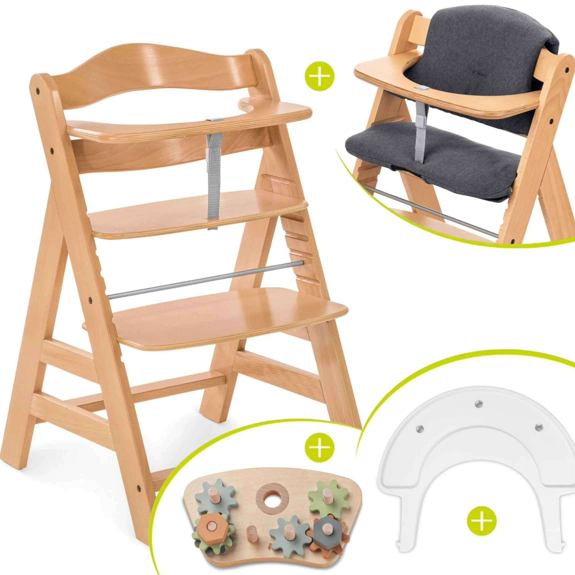 Hochstuhl Alpha Plus Natur im Sparset - inkl. Sitzkissen + Play Tray Basis + Spielzeug Play Repairing mit Zahnrädern & Muttern
