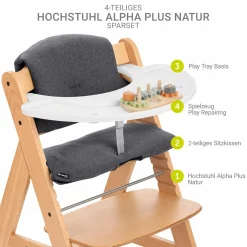 Hochstuhl Alpha Plus Natur im Sparset - inkl. Sitzkissen + Play Tray Basis + Spielzeug Play Repairing mit Zahnrädern & Muttern