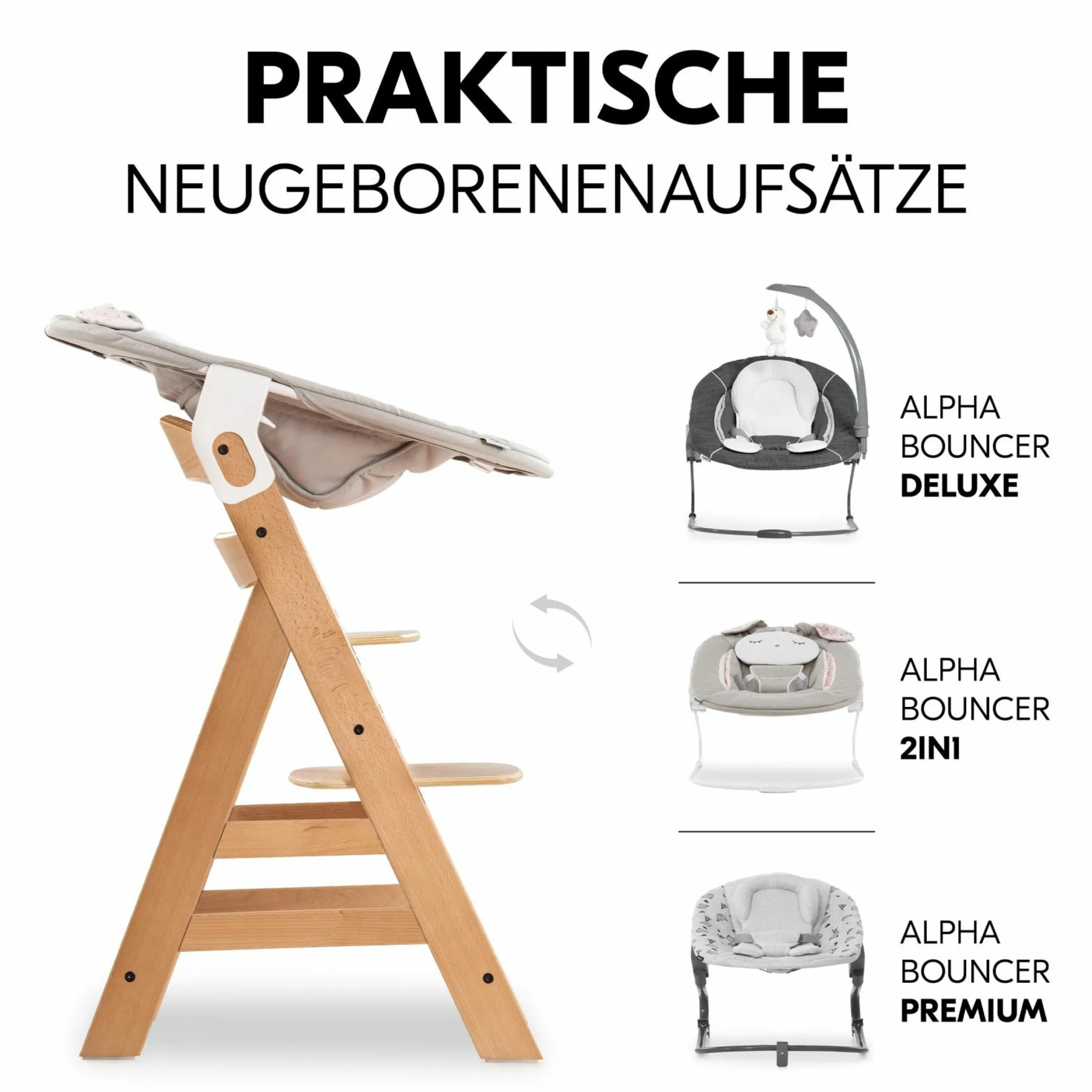 Hochstuhl Alpha Plus Natur im Sparset - inkl. Sitzkissen + Play Tray Basis + Spielzeug Play Repairing mit Zahnrädern & Muttern