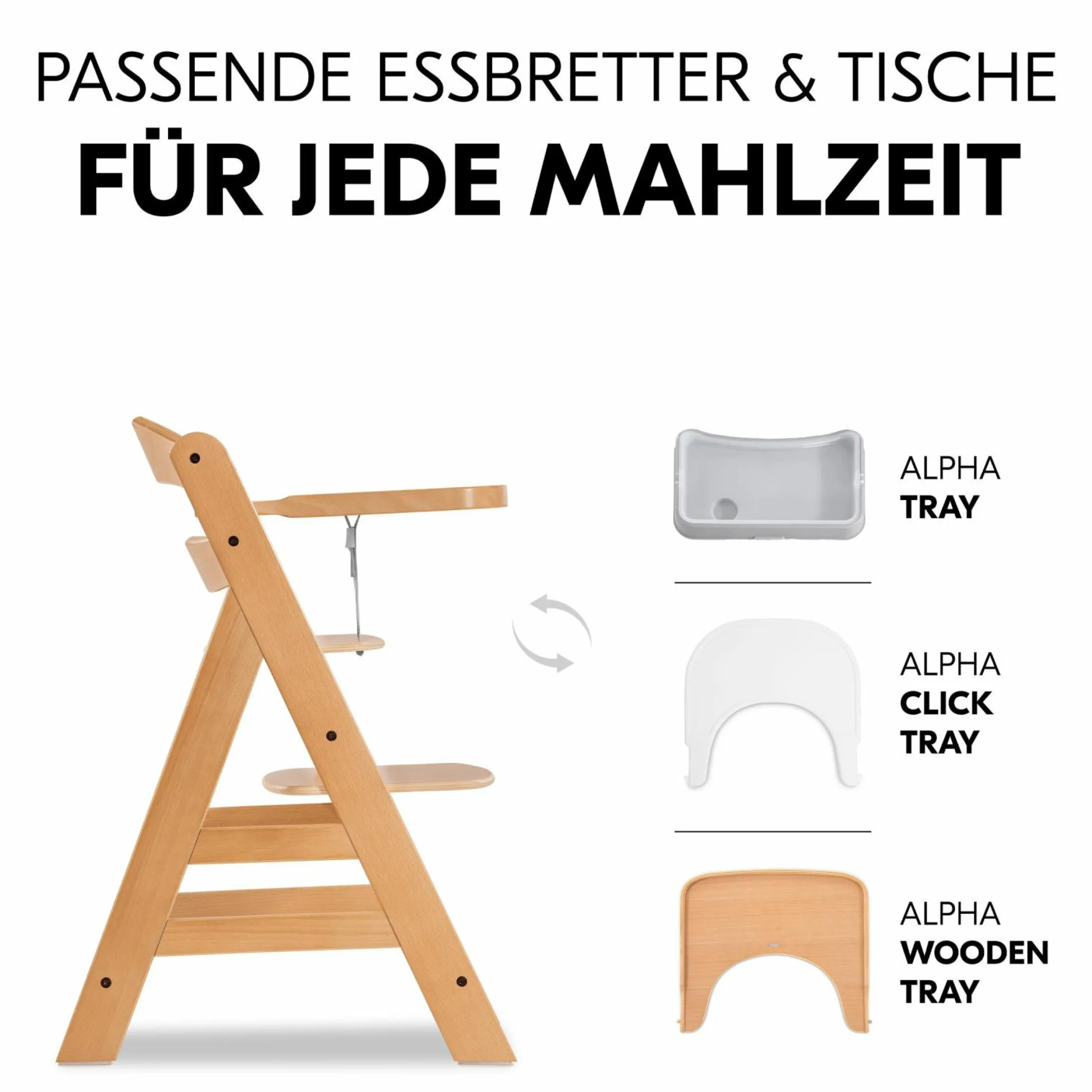 Hochstuhl Alpha Plus Natur im Sparset - inkl. Sitzkissen + Play Tray Basis + Spielzeug Play Repairing mit Zahnrädern & Muttern