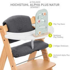 Hochstuhl Alpha Plus Natur im Sparset - inkl. Sitzkissen + Play Tray Basis + Spielzeug Play Planting mit Motorikbrett Flowers