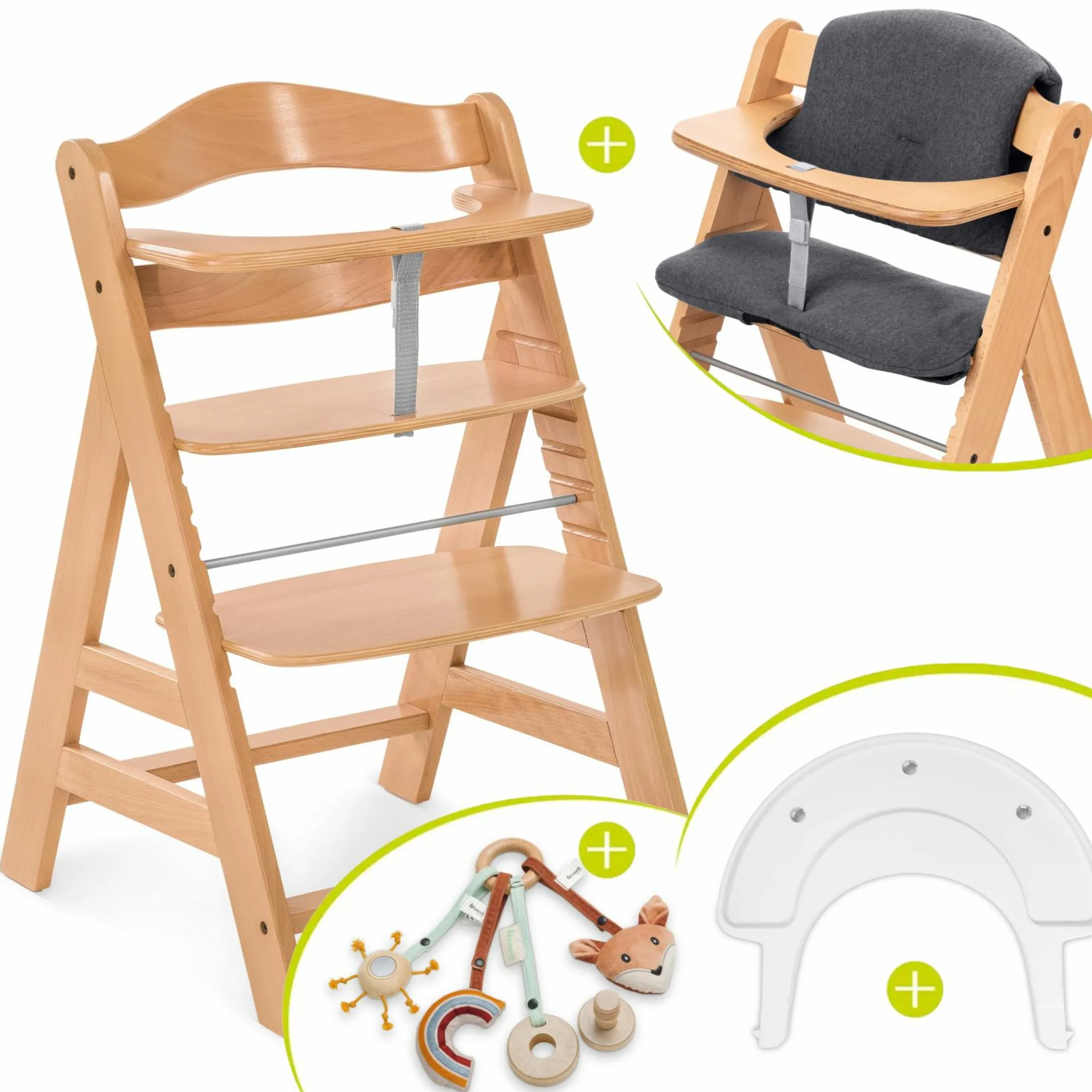Hochstuhl Alpha Plus Natur im Sparset - inkl. Sitzkissen + Play Tray Basis + Spielring Play Catching mit 3 Stoff-Figuren