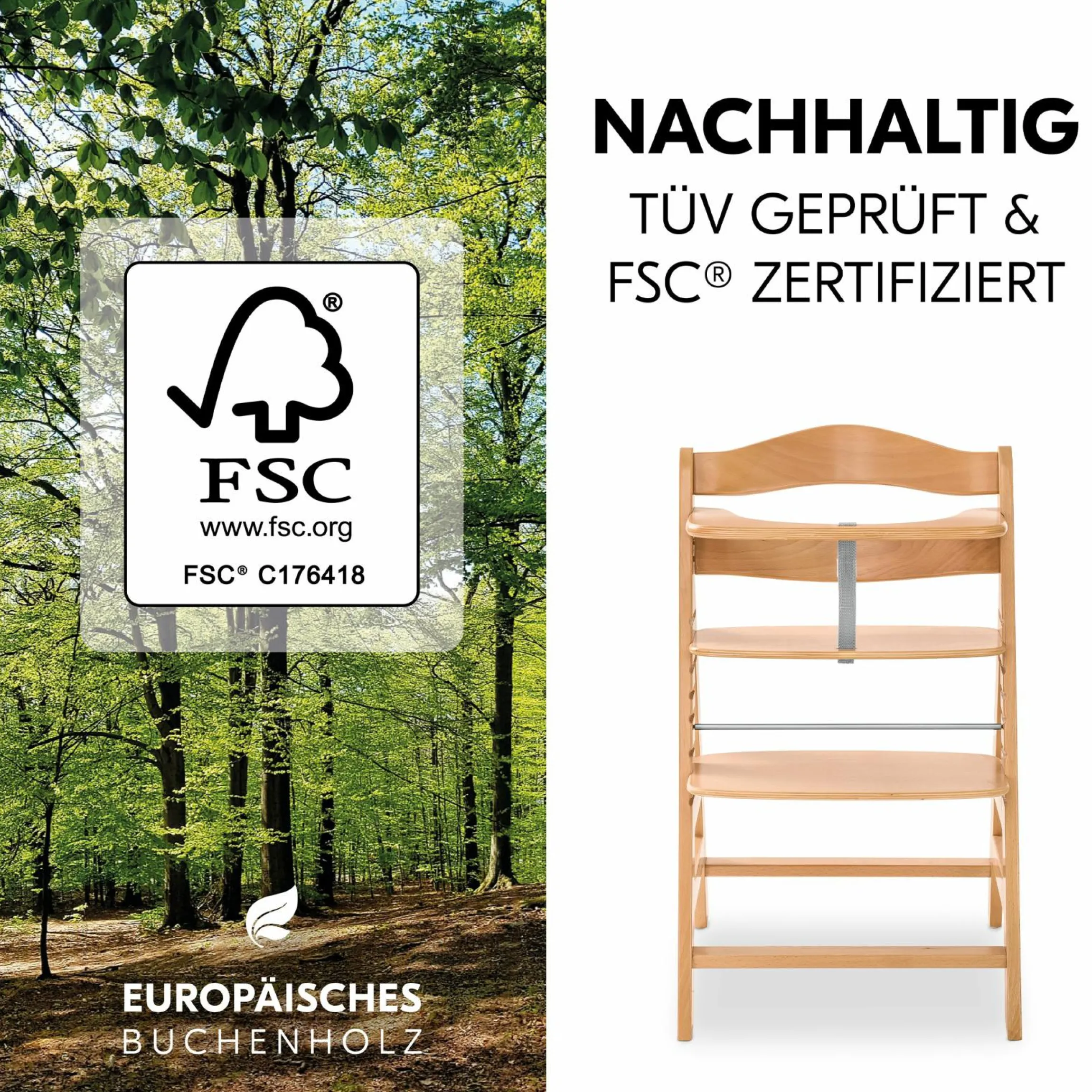 Hochstuhl Alpha Plus Natur im Sparset - inkl. Sitzkissen + Play Tray Basis + Spielring Play Catching mit 3 Stoff-Figuren