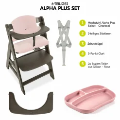 Hochstuhl Alpha Plus Select Charcoal - im Sparset inkl. Sitzkissen Muslin Mineral Rose + 2 Silikonteller