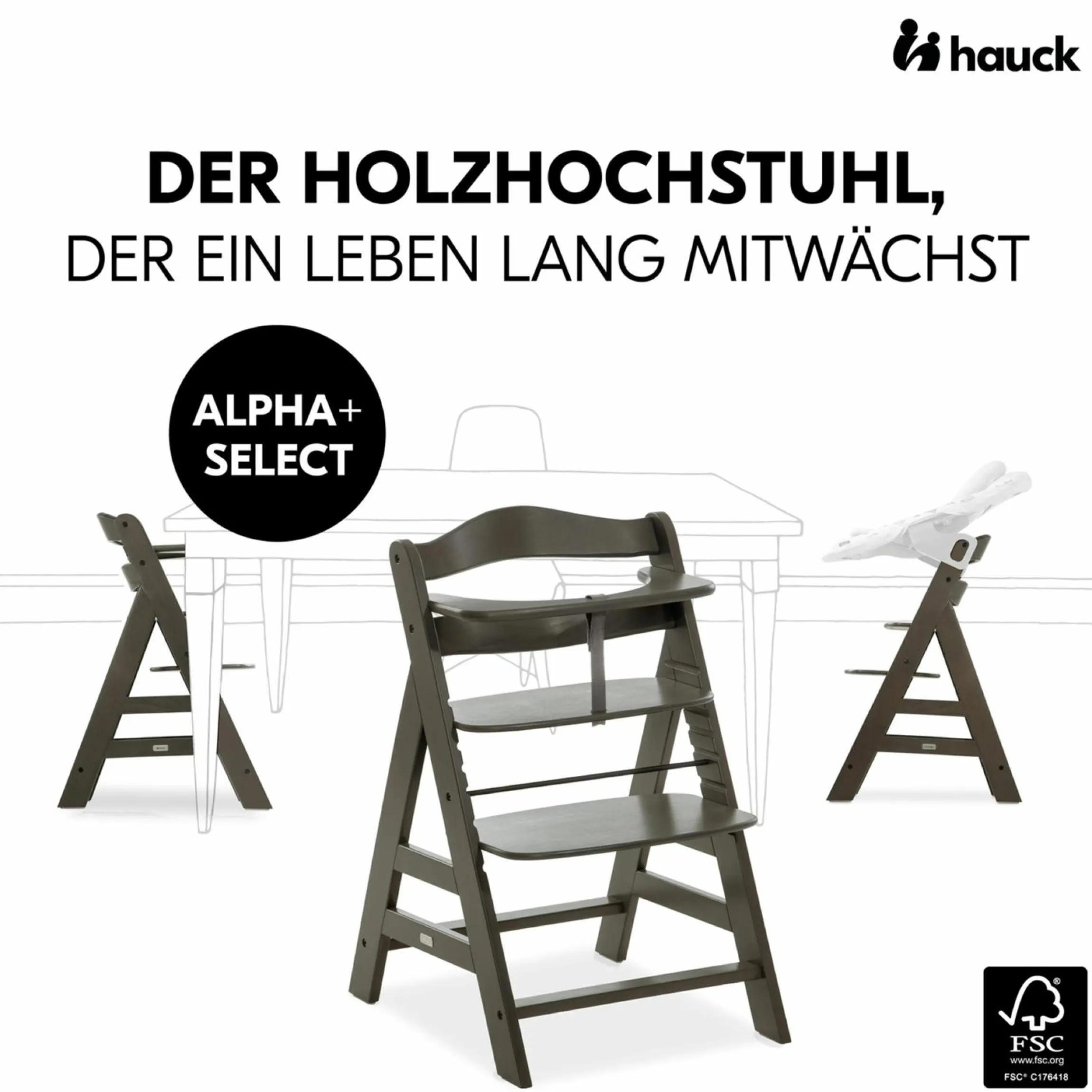 Hochstuhl Alpha Plus Select Charcoal - im Sparset inkl. Sitzkissen Muslin Mineral Rose + 2 Silikonteller