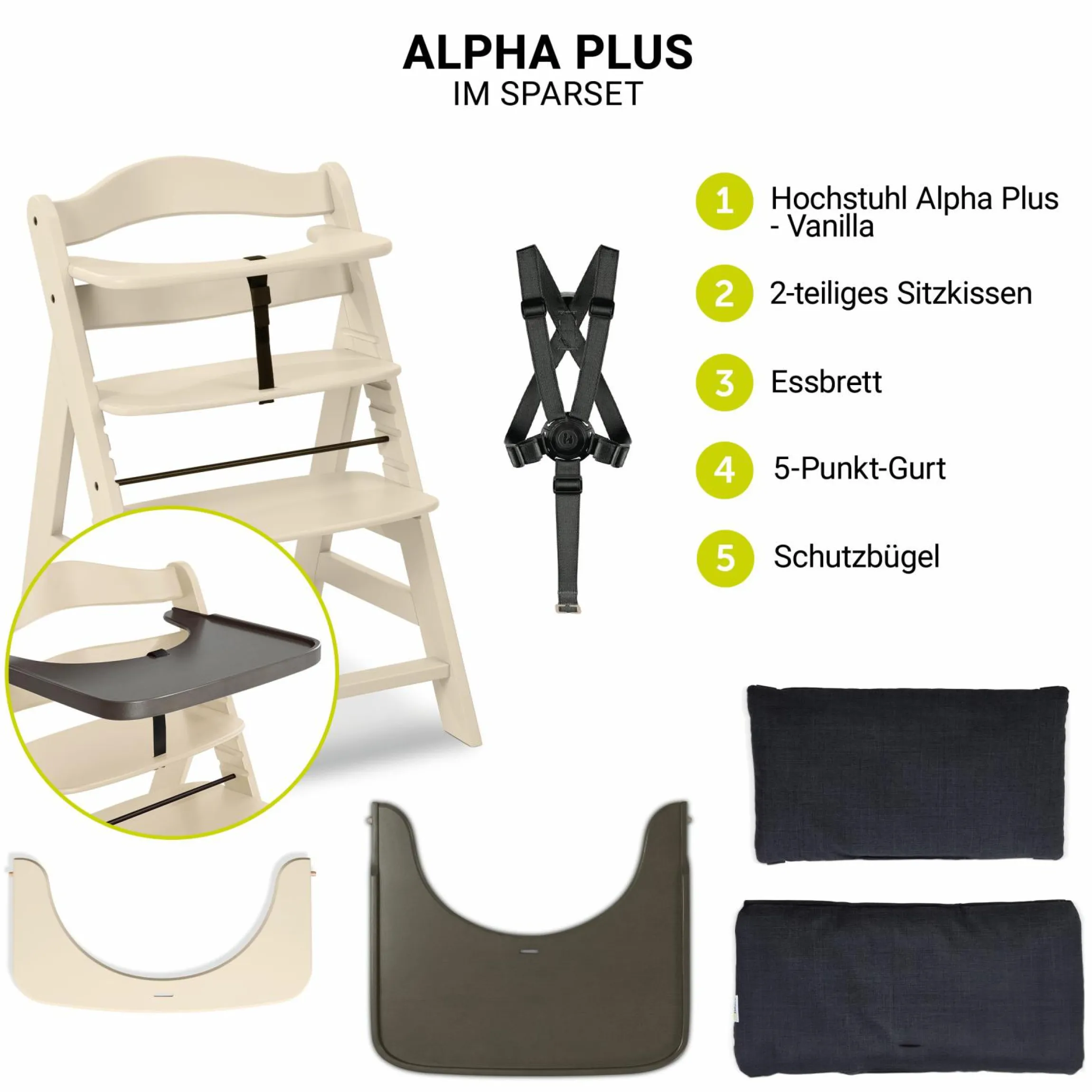 Hochstuhl Alpha Plus Vanilla - im Sparset inkl. Holz-Essbrett und Sitzkissen - Charcoal