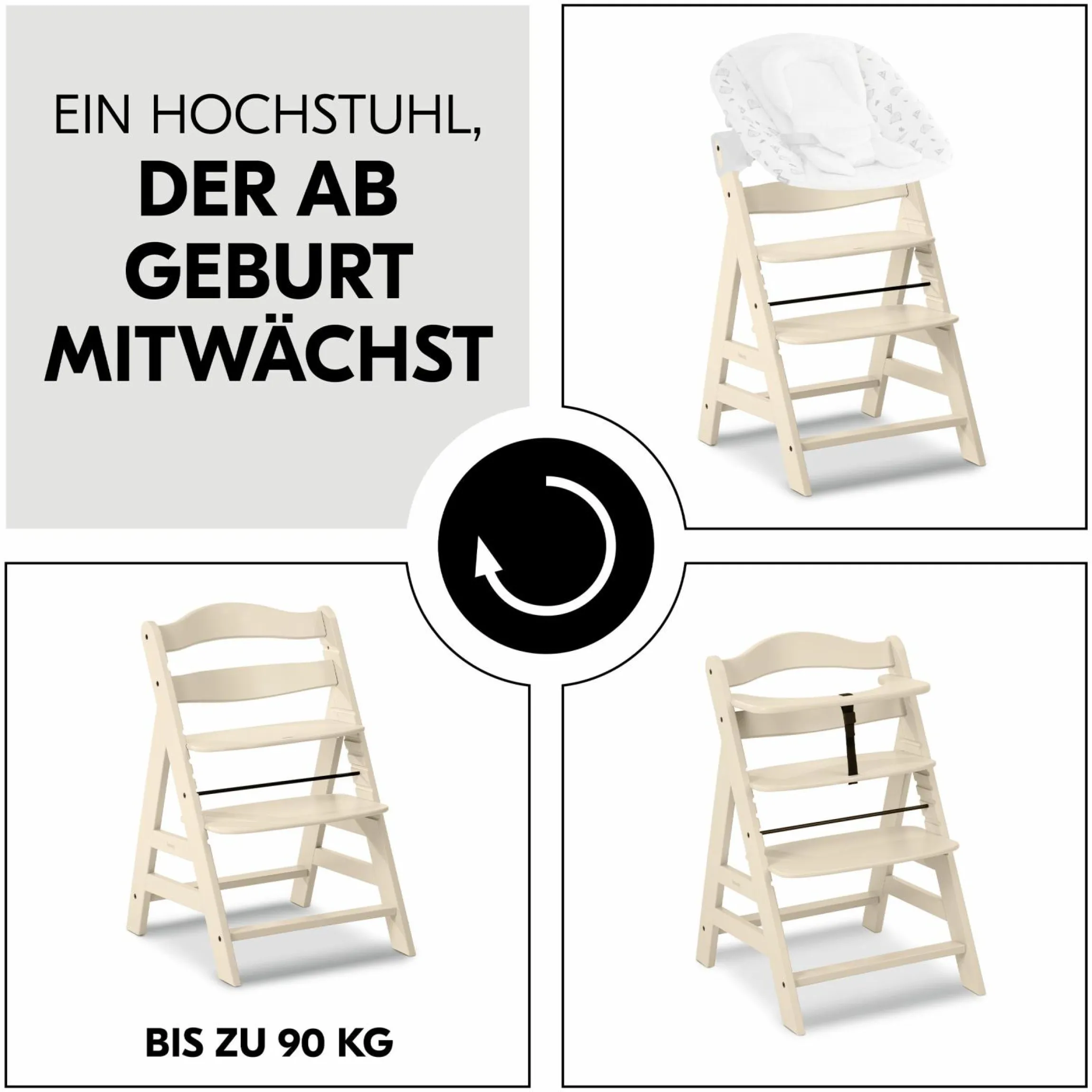 Hochstuhl Alpha Plus Vanilla - im Sparset inkl. Holz-Essbrett und Sitzkissen - Charcoal