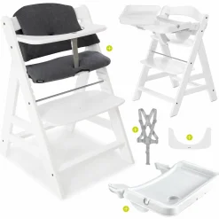 Hochstuhl Alpha Plus Weiß im Sparset inkl. Sitzkissen und Essbrett Alpha Tray White