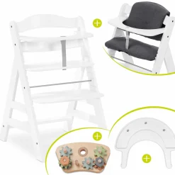Hochstuhl Alpha Plus White im Sparset - inkl. Sitzkissen + Play Tray Basis + Spielzeug Play Repairing mit Zahnrädern & Muttern