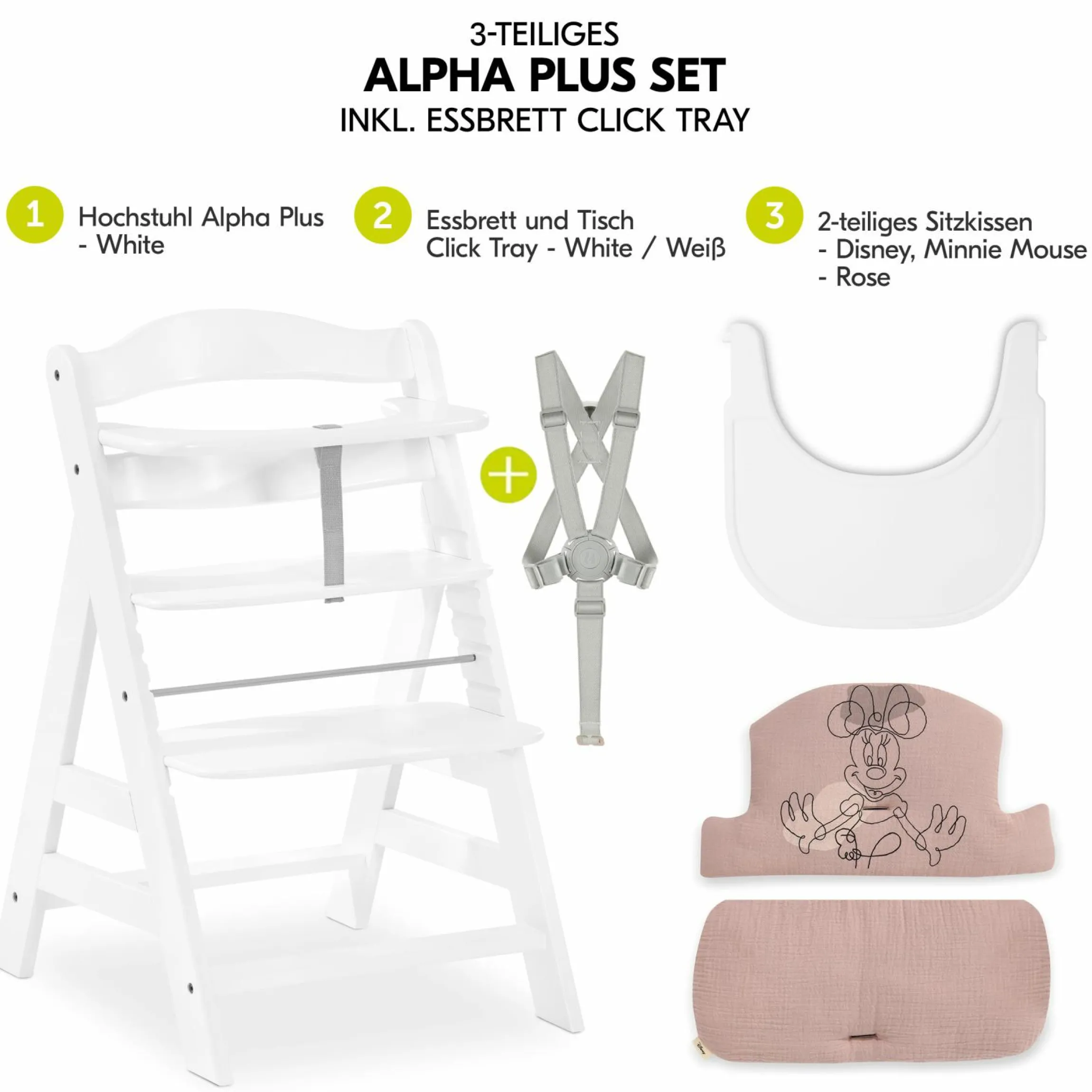 Hochstuhl Alpha Plus White - im Sparset inkl. Essbrett Click Tray + Sitzkissen Minnie Mouse Rose