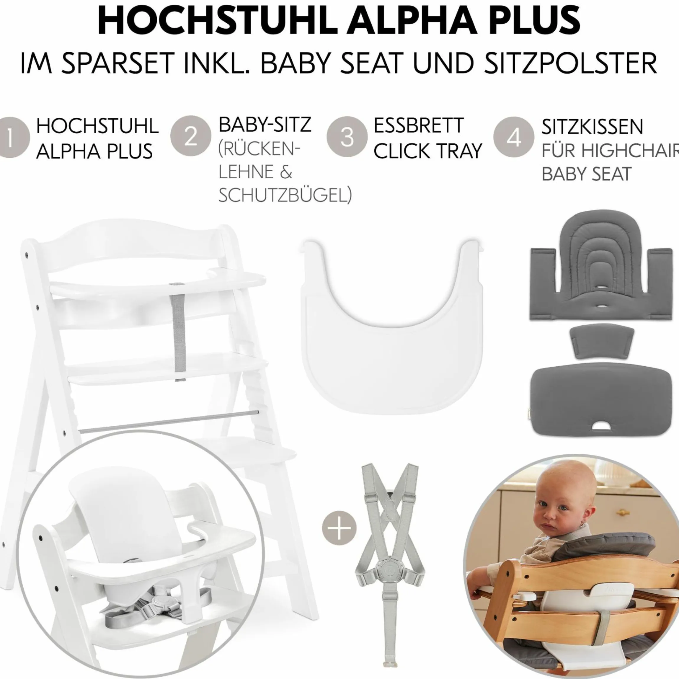 Hochstuhl Alpha Plus White - im Sparset inkl. Baby Seat + Baby Seatpad + Click Tray